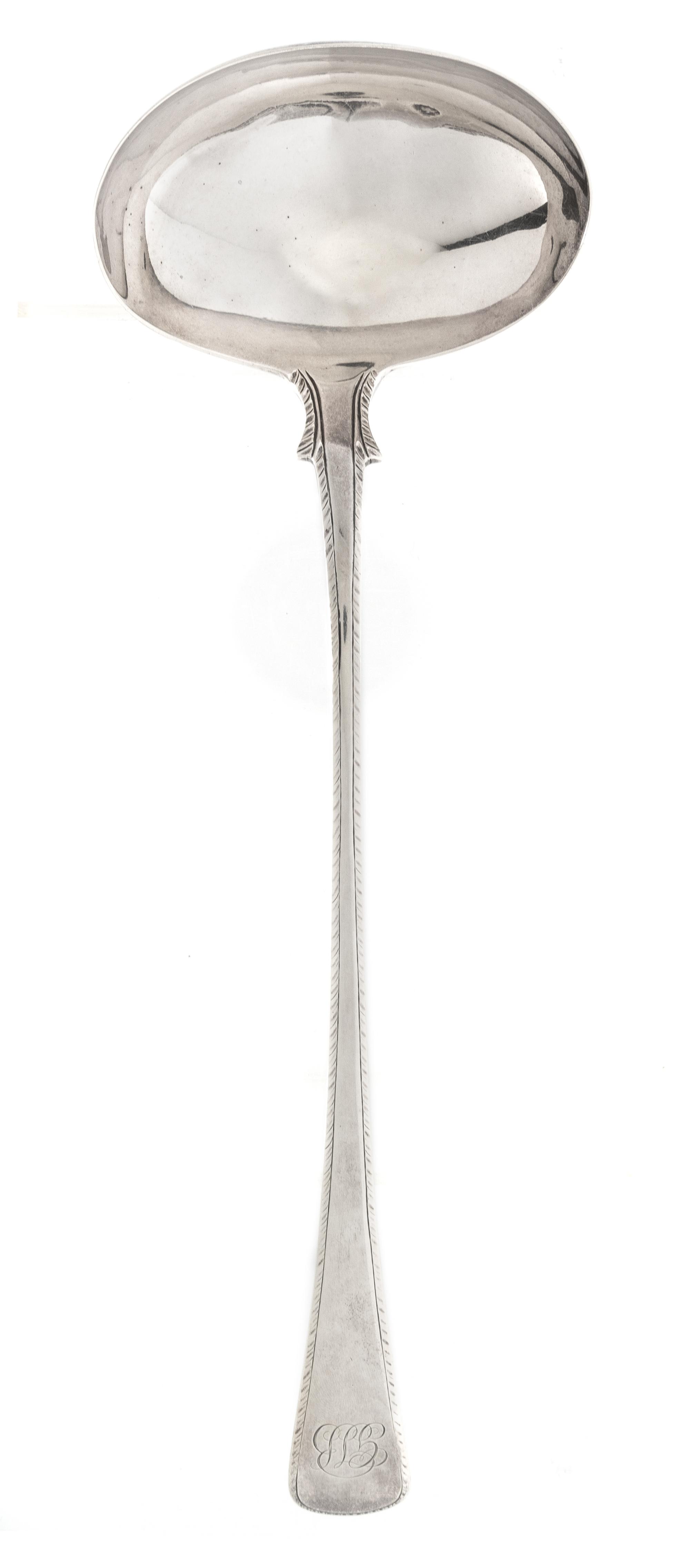 A George III Silver Soup Ladle, Charles Hougham, London, 1791, Feather-Edge pattern, with a script GPB monogram.
