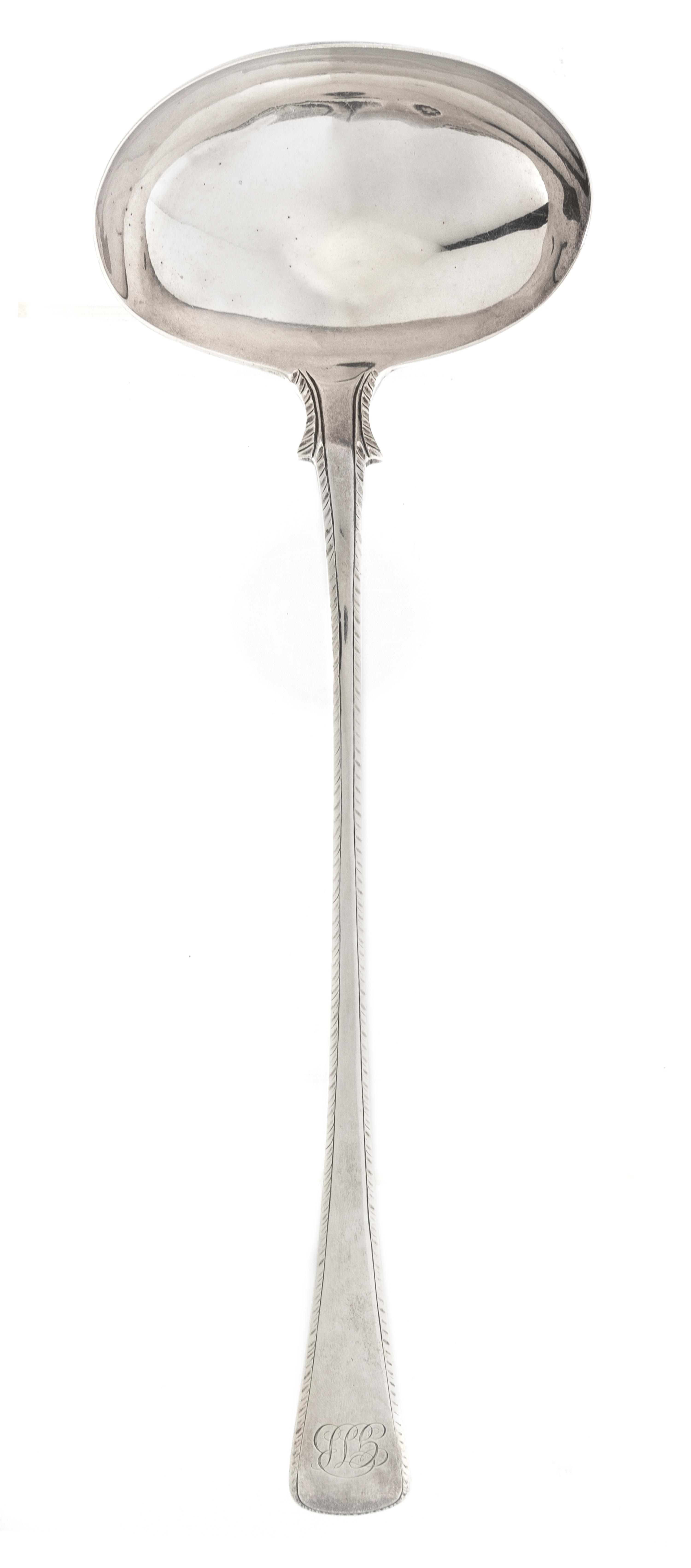 A George III Silver Soup Ladle, Charles Hougham, London, 1791, Feather-Edge pattern, with a script GPB monogram.