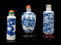 Three Blue and White Porcelain Snuff Bottles