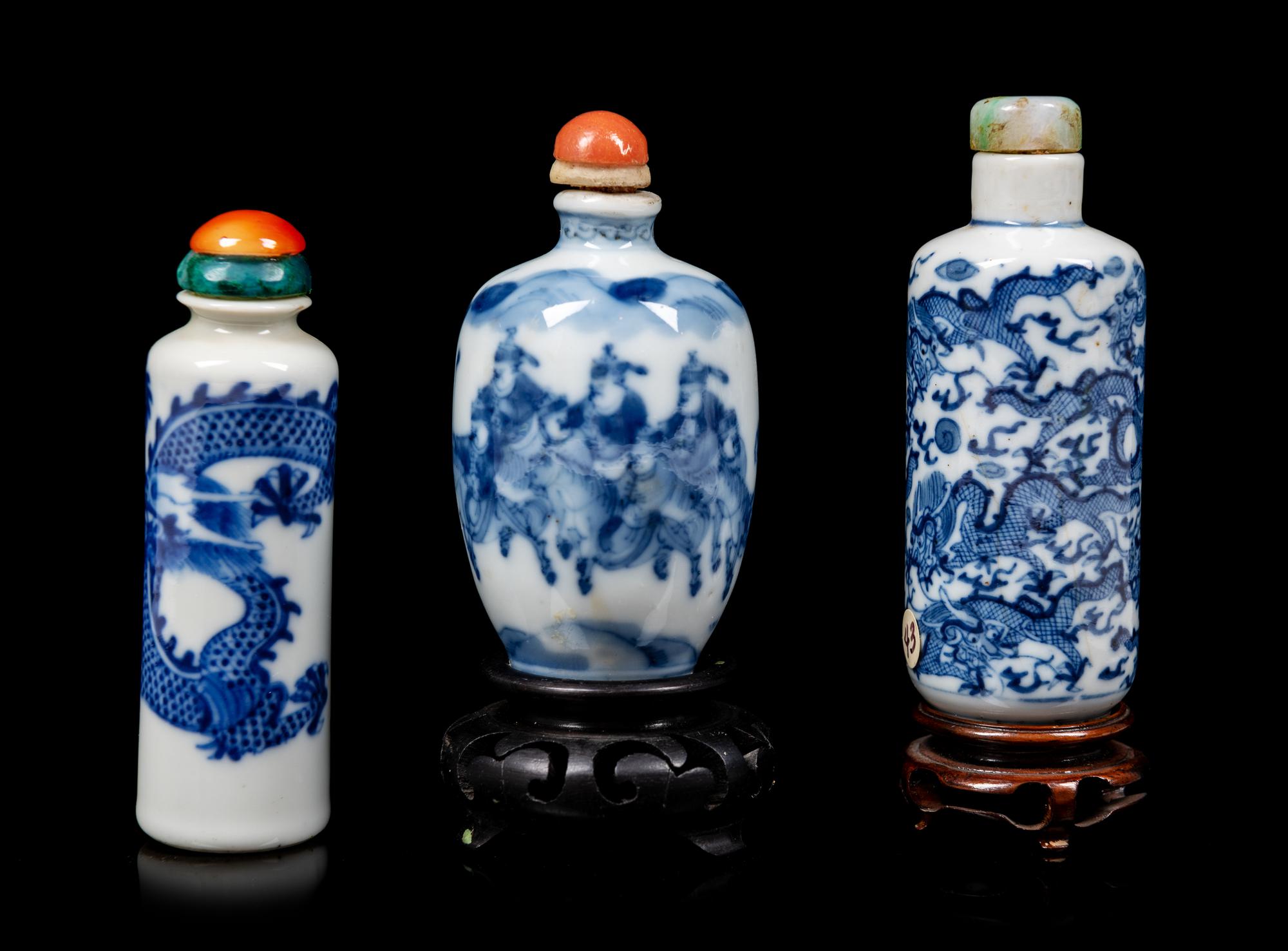 Three Blue and White Porcelain Snuff Bottles