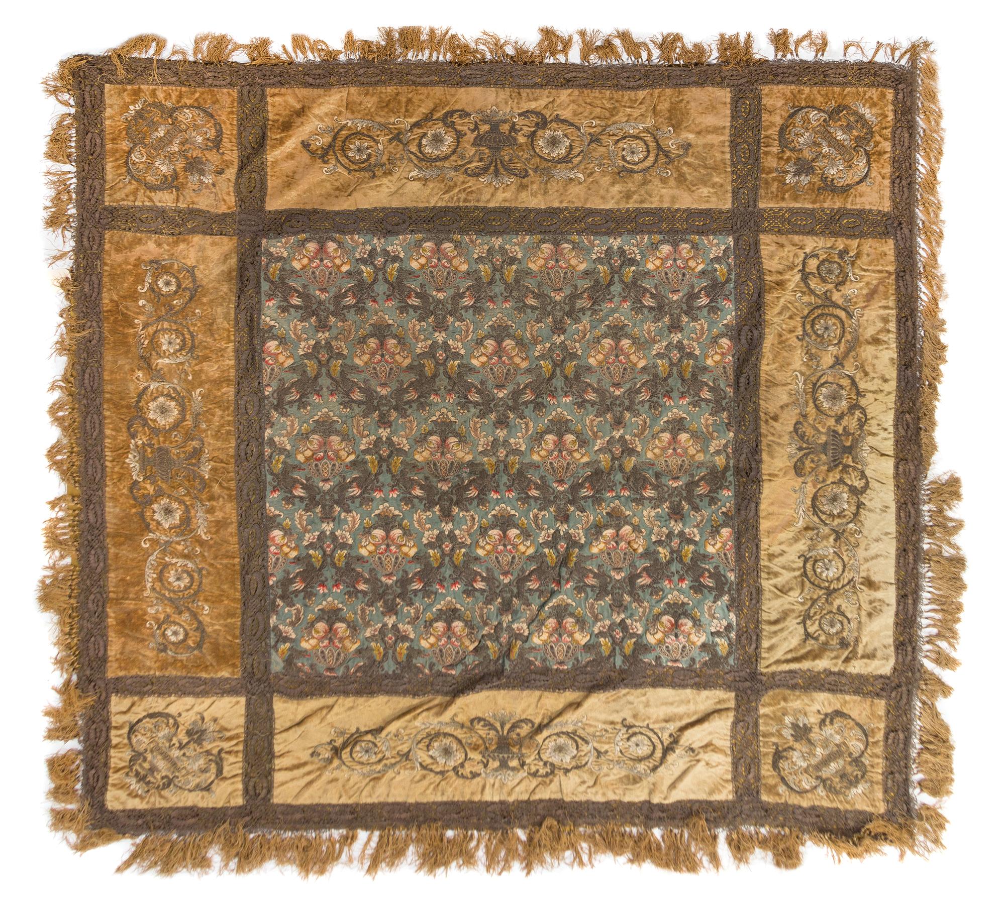 A Venetian Metallic Thread, Velvet, Silk and Wool Table Cover 77 x 77 inches. — 18TH CENTURY