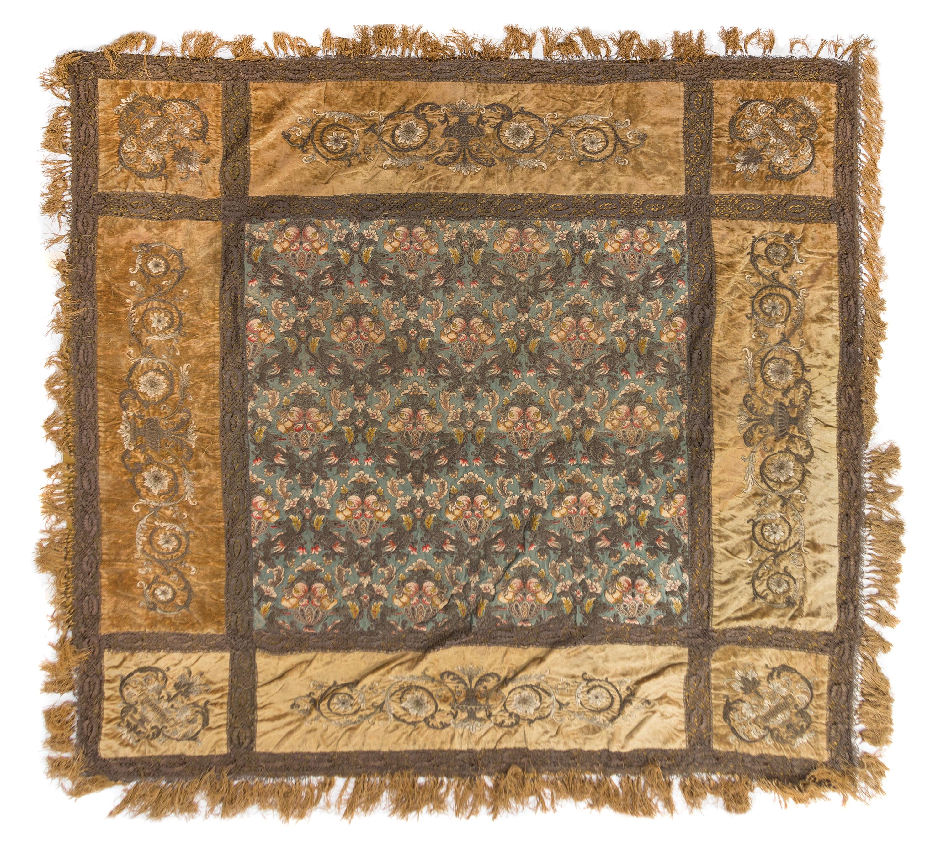 A Venetian Metallic Thread, Velvet, Silk and Wool Table Cover 77 x 77 inches. — 18TH CENTURY