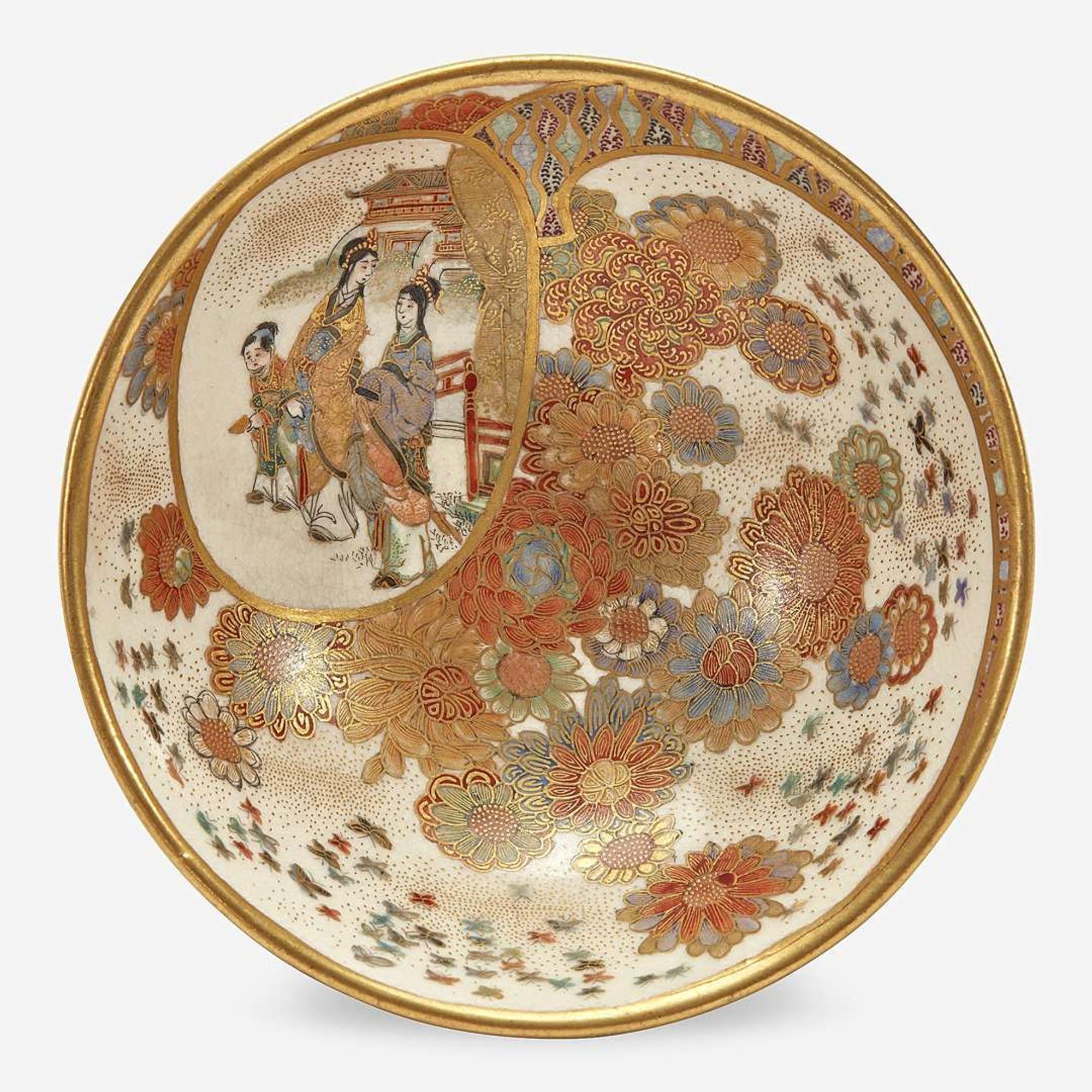 A small Satsuma-type enameled pottery koro with silver cover and a small bowl, Meiji period