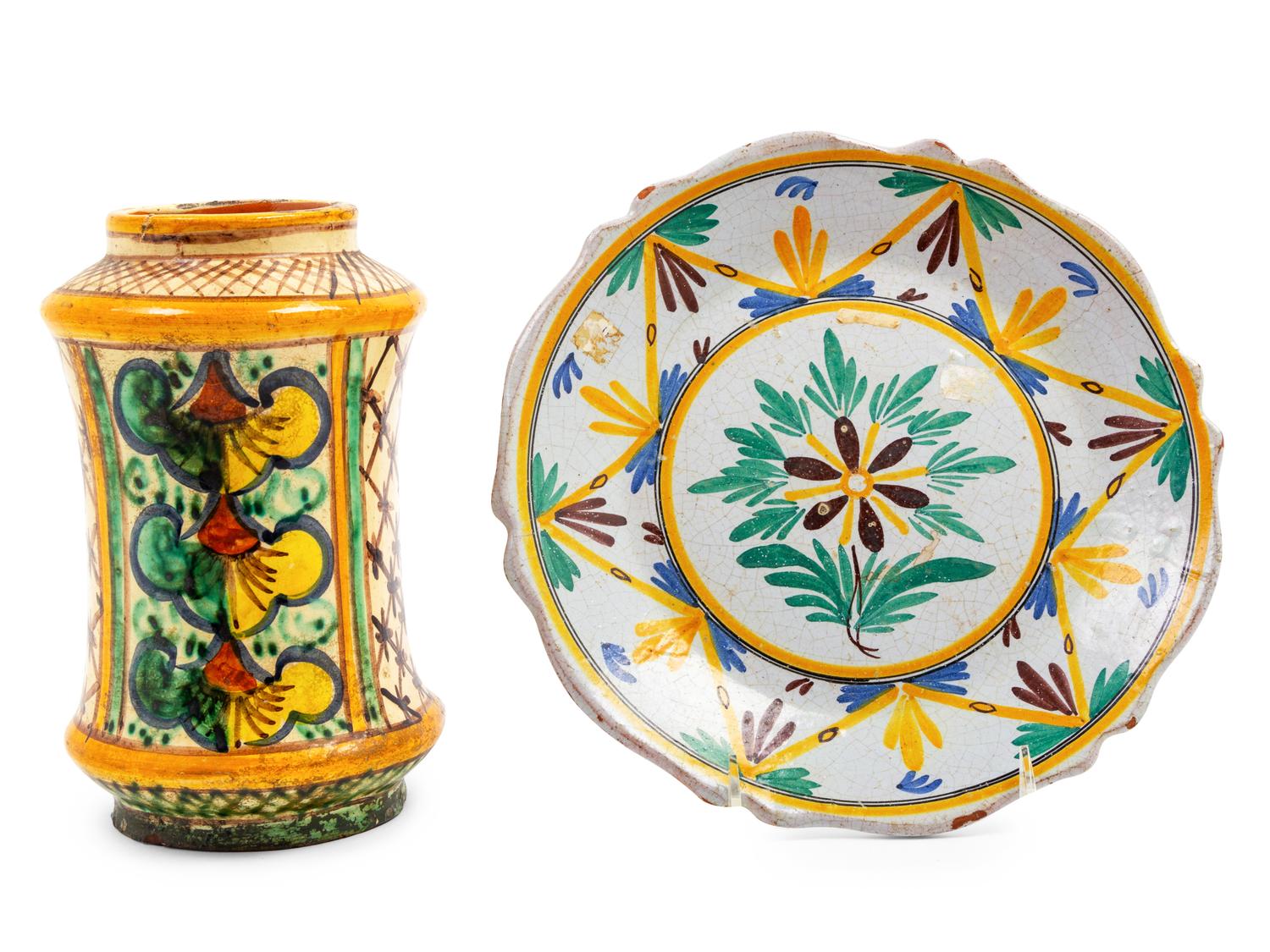 An Italian Albarello and a Majolica Plate