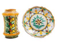 An Italian Albarello and a Majolica Plate