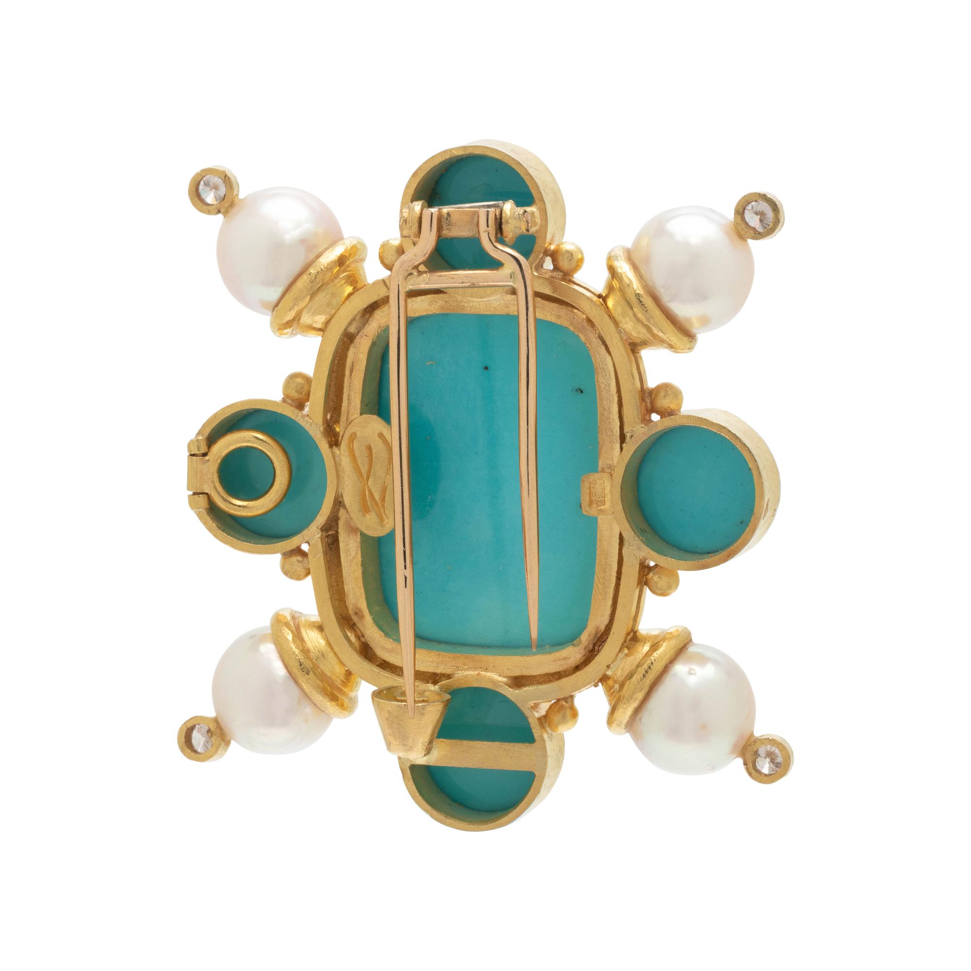 ELIZABETH LOCKE, TURQUOISE, CULTURED PEARL AND DIAMOND PENDANT/BROOCH
