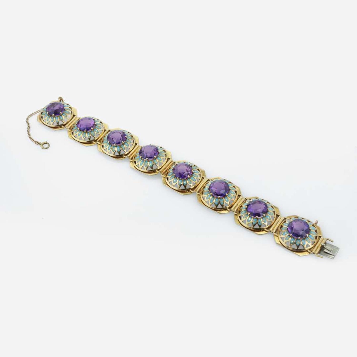 An 18K yellow gold, synthetic sapphire, and enamel bracelet