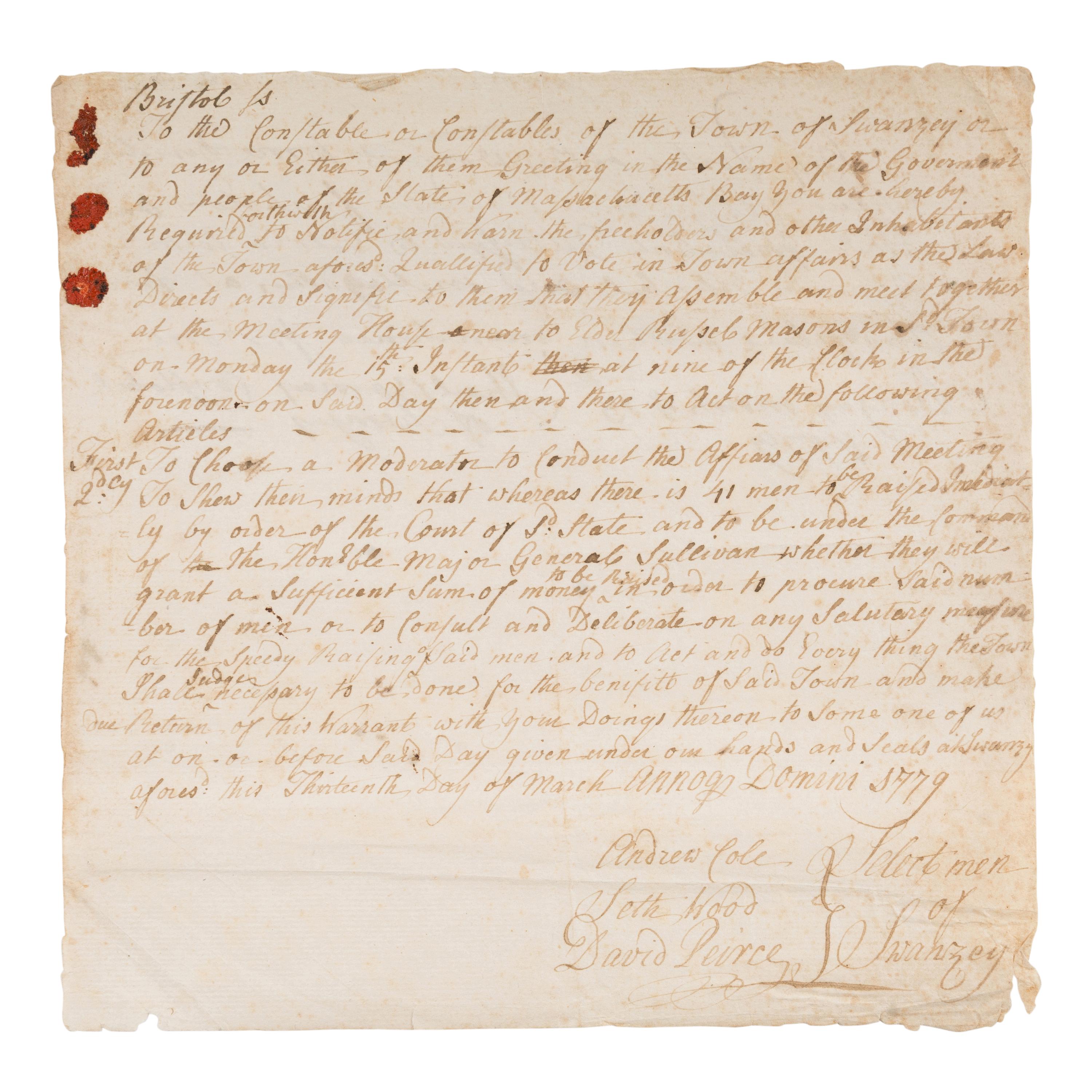 [Revolutionary War]. Manuscript document signed by the Selectmen of Swansea, Swansea, MA, 13 March 1779.