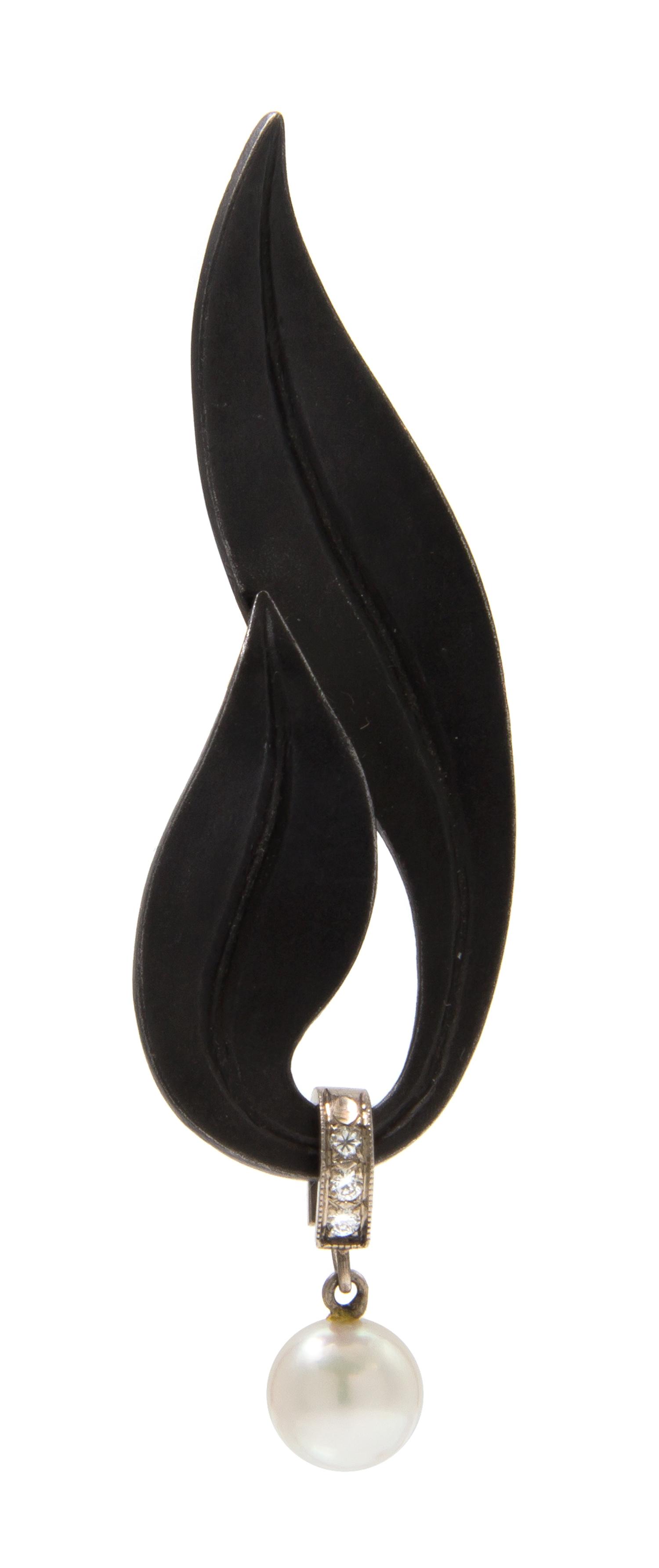 An Art Moderne Blackened Steel, Cultured Pearl and Diamond Brooch, Marsh & Co., 5.40 dwts.