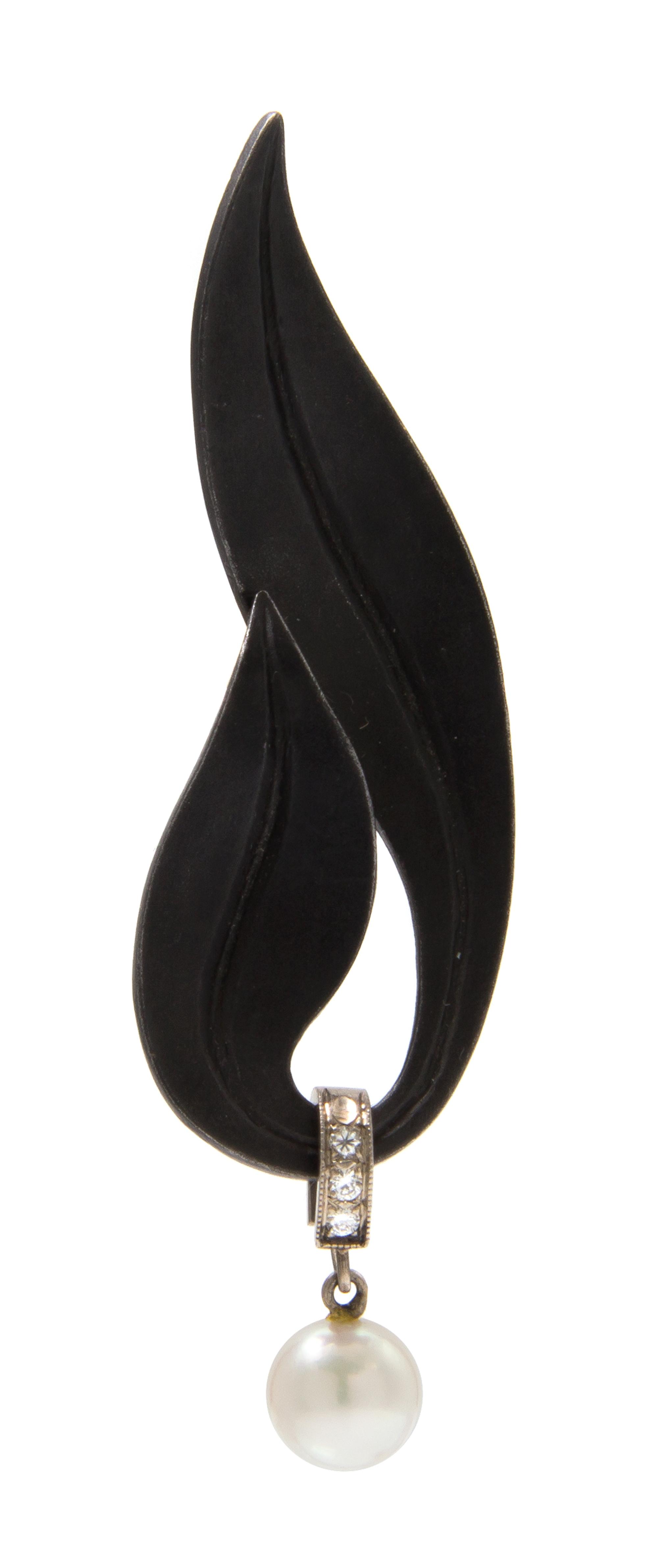An Art Moderne Blackened Steel, Cultured Pearl and Diamond Brooch, Marsh & Co., 5.40 dwts.
