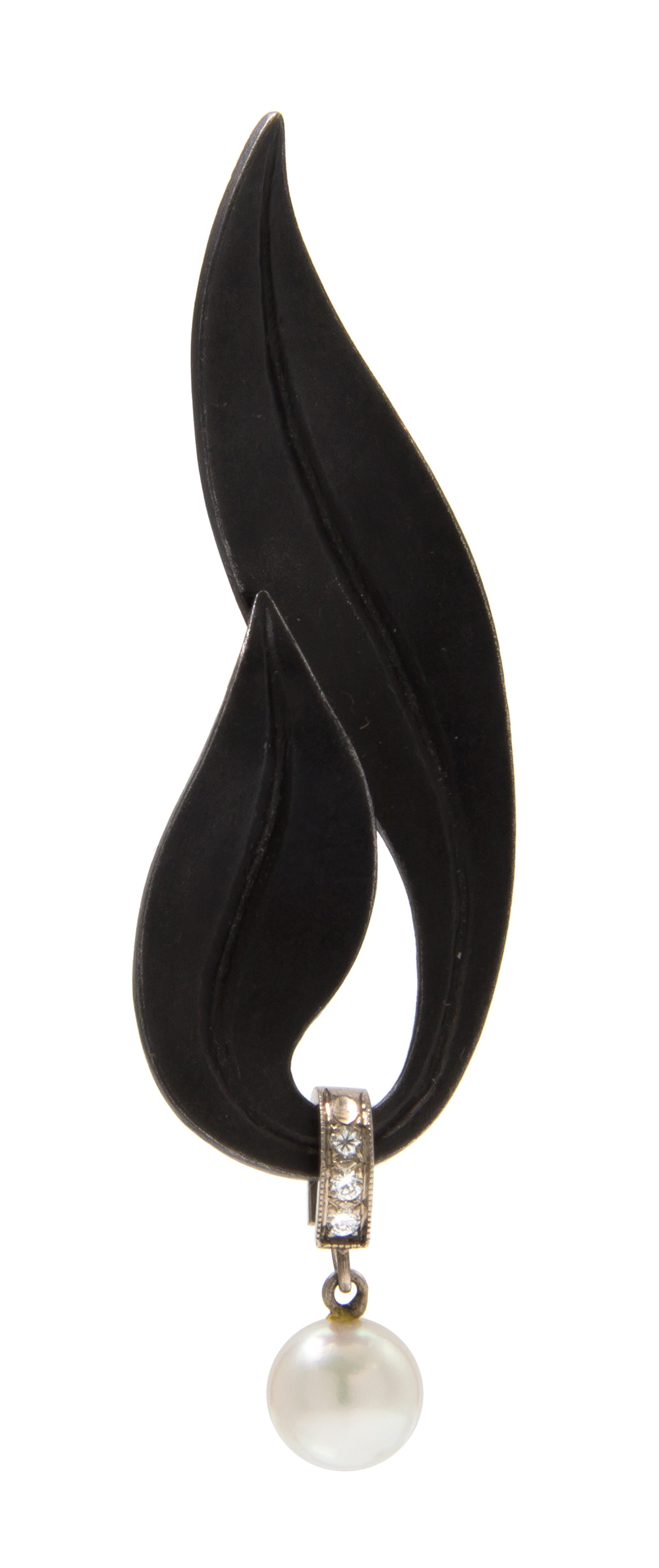 An Art Moderne Blackened Steel, Cultured Pearl and Diamond Brooch, Marsh & Co., 5.40 dwts.