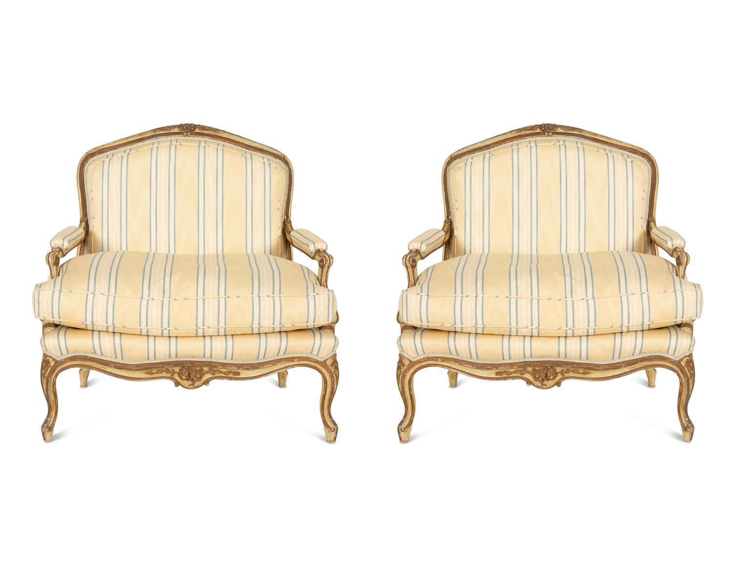 A Pair of Continental Carved and Painted Fauteuils à la Reine