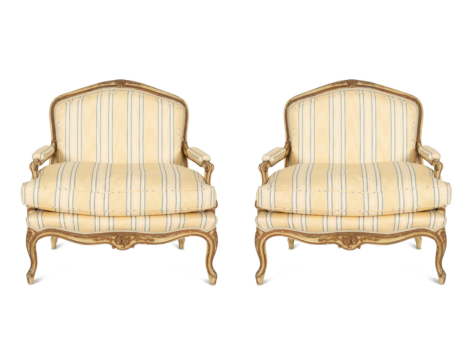 A Pair of Continental Carved and Painted Fauteuils à la Reine