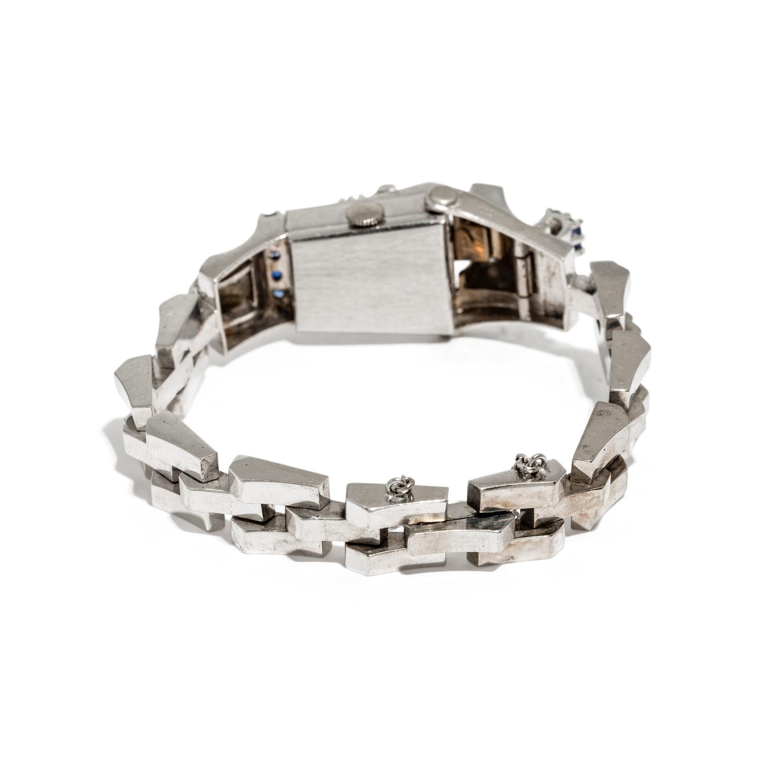 BULOVA, RETRO, WHITE GOLD, DIAMOND, AND SAPPHIRE HIDDEN DIAL WATCH