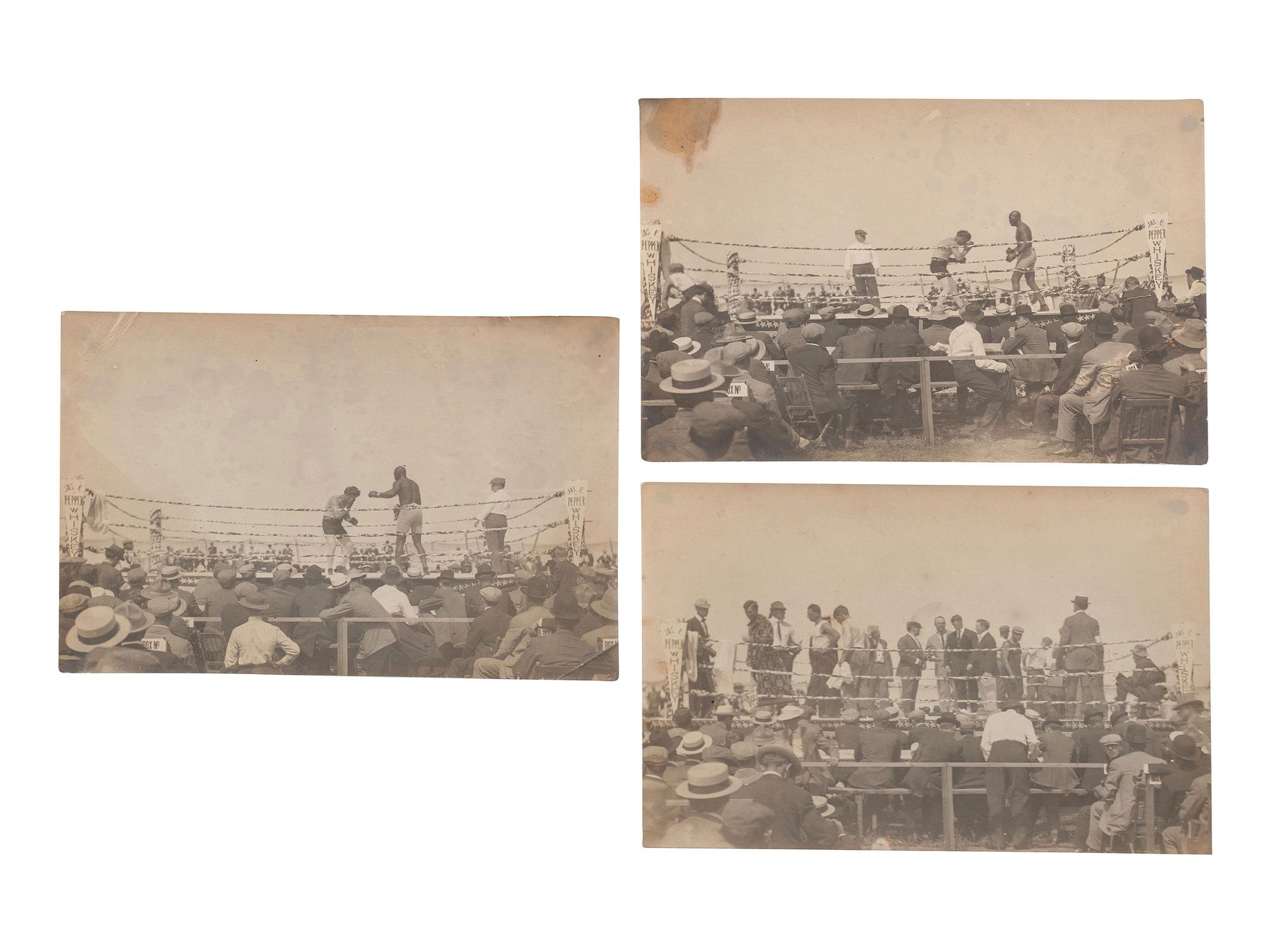 [BOXING] -- [JOHNSON, Jack (1878-1946)]. A group of 3 images of Johnson's bout with "Fireman" Jim Flynn. [Las Vegas, NM], [4 July 1912].