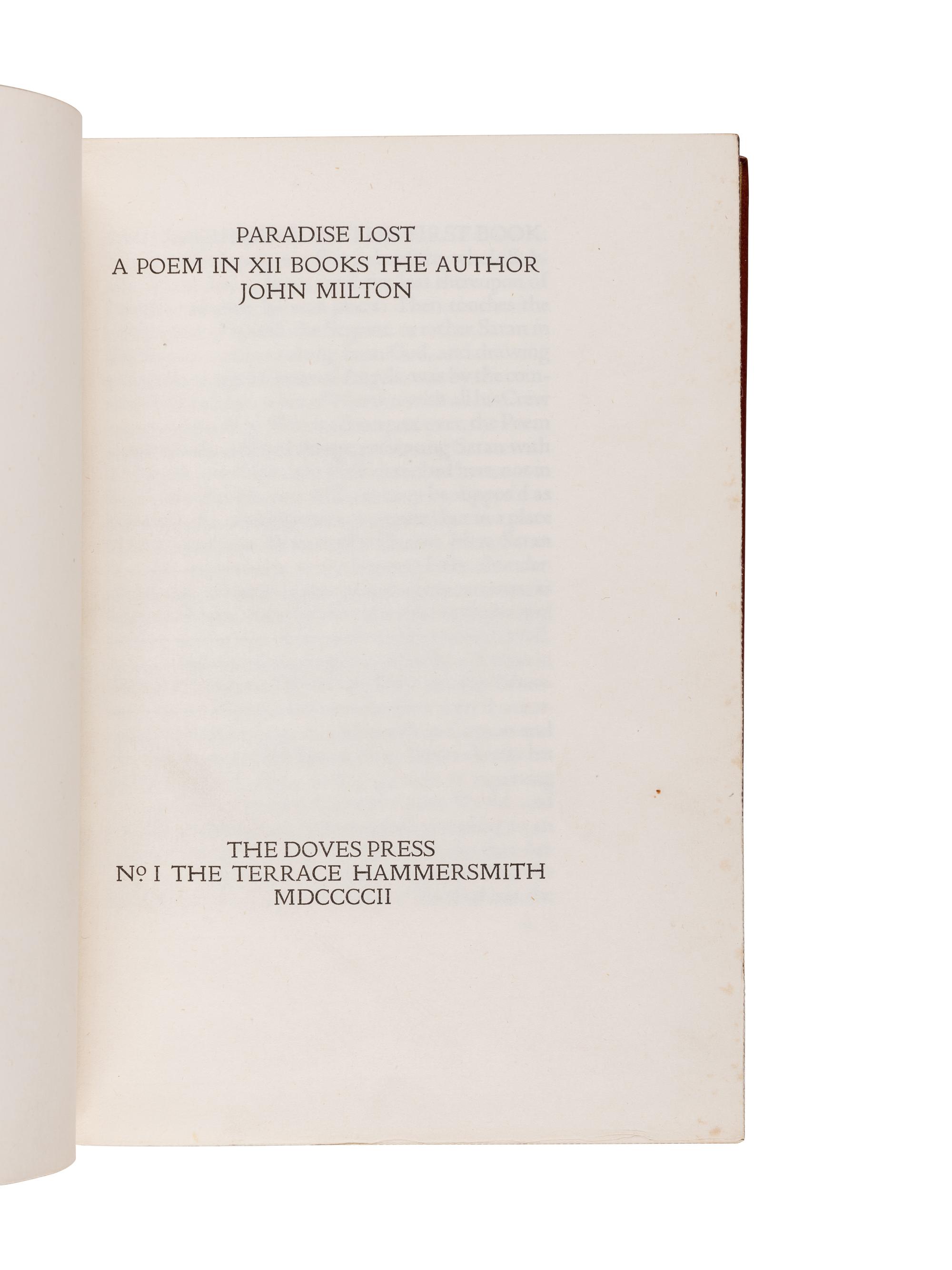 [DOVES PRESS]. MILTON, John (1608-1674). Paradise Lost . Hammersmith: The Doves Press, 1902.