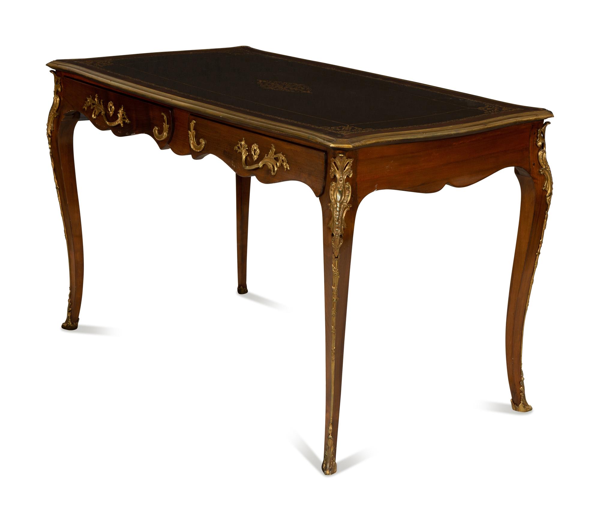 A Louis XV Style Gilt Metal Mounted Walnut Bureau Plat