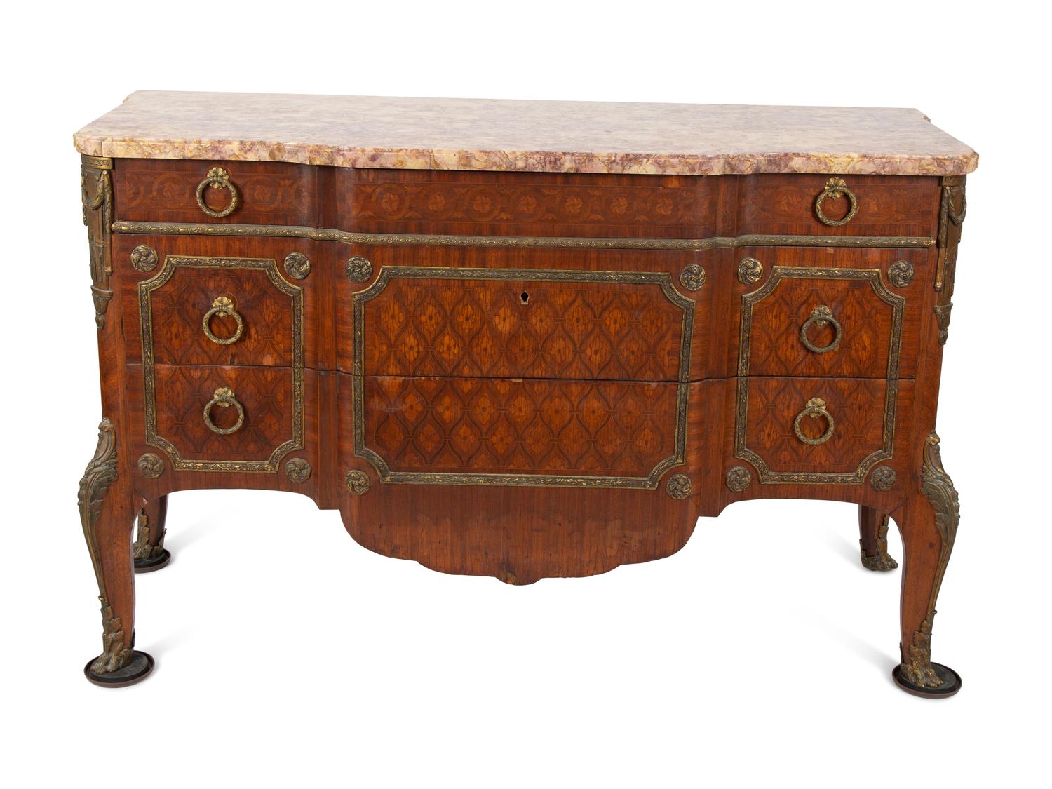 A Louis XVI Style Marquetry, Gilt Bronze and Marble Top Three-Drawer Commode — LATE 19TH CENTURY