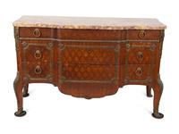 A Louis XVI Style Marquetry, Gilt Bronze and Marble Top Three-Drawer Commode — LATE 19TH CENTURY