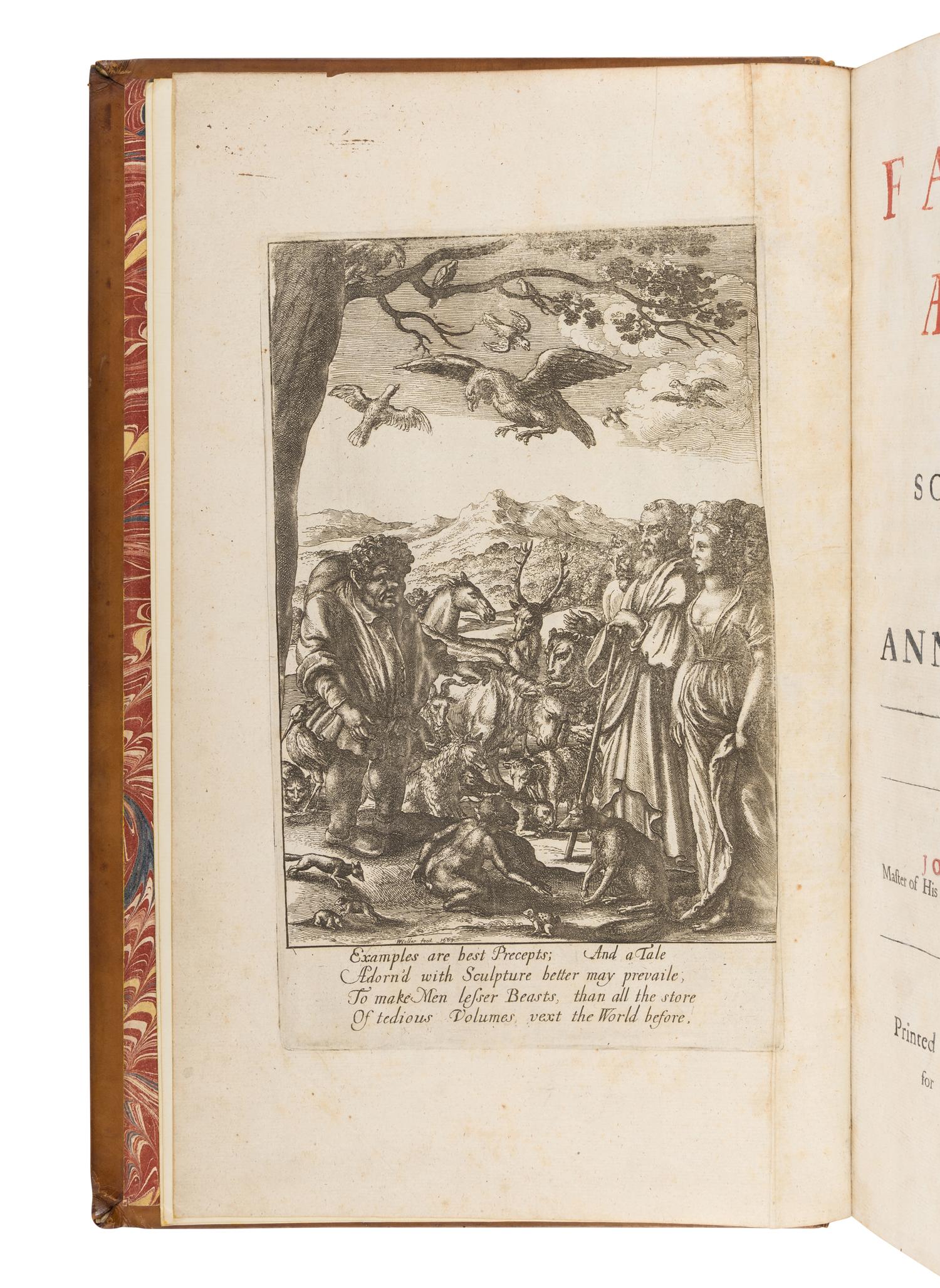 [OGILBY, John (1600-1676), translator]. AESOP (ca 620-560 B.C.). The Fables of Aesop Paraphras'd in Verse: Adorn'd with Sculpture, and Illustrated with Annotations . [ Bound with :] Aesopic’s: Or a Second Collection of Fables, Paraphras'd in Verse: Adorn'd with Sculpture, and Illustrated with Annotations . London: Printed by Thomas Roycroft for the Author, 1668.