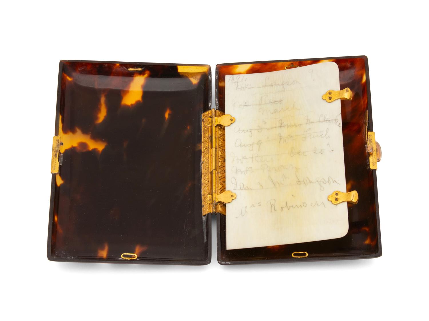 A 9K Yellow Gold and Silver Inlaid Tortoiseshell Card Case and Aide Memoire