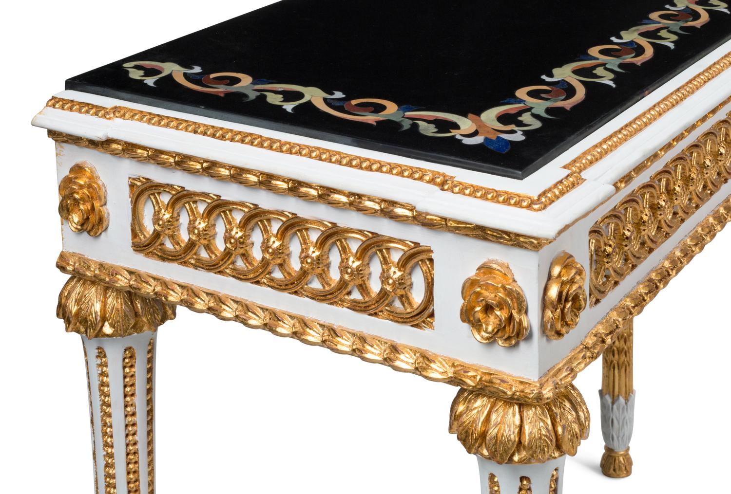 A Pair of Italian Neoclassical Style Painted and Parcel Gilt Specimen Marble-Top Console Tables