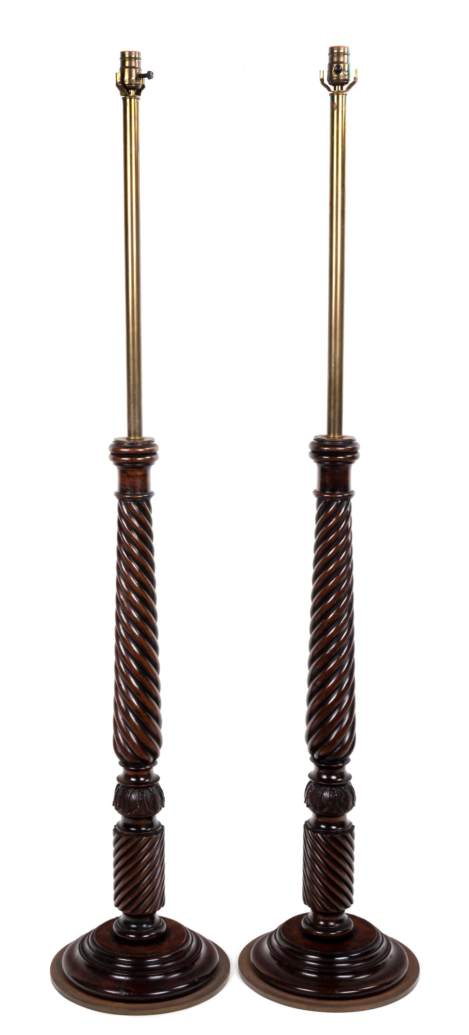 A Pair of Regency Style Mahogany and Brass Standing Lamps Height 68 inches.