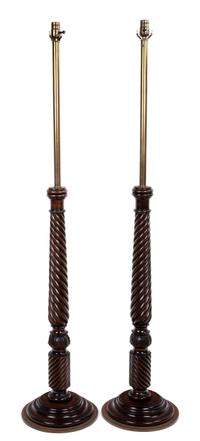 A Pair of Regency Style Mahogany and Brass Standing Lamps Height 68 inches.