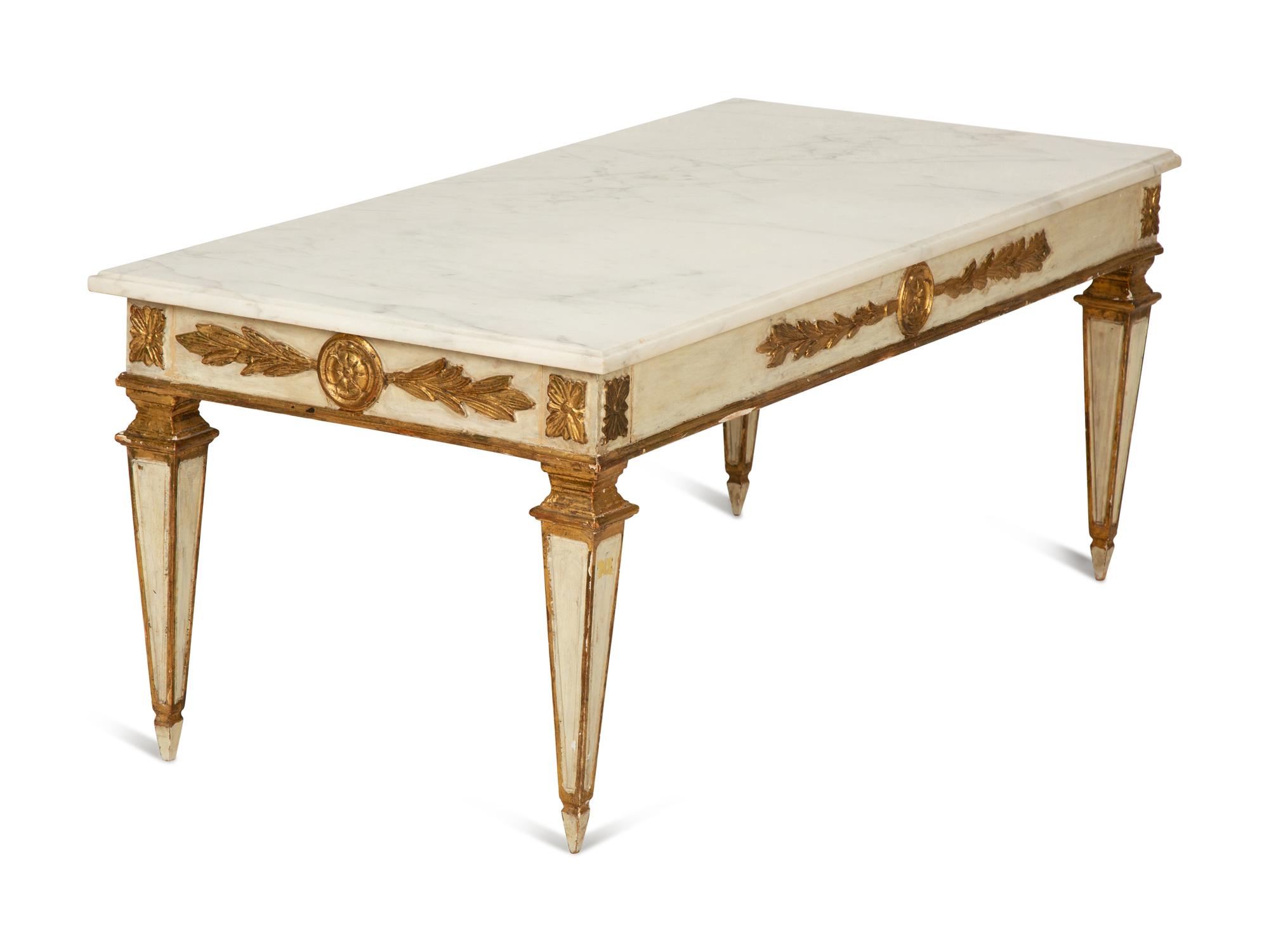 A Continental Painted and Parcel Gilt Marble-Top Low Table