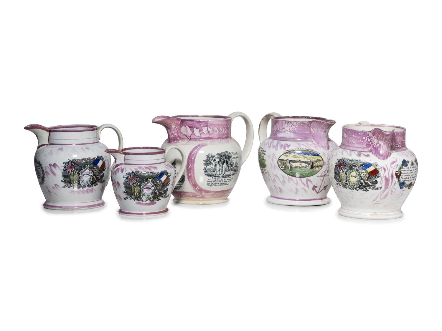 Five Sunderland Luster Crimean War Souvenir Jugs