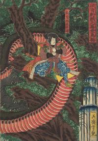 Utagawa Yoshitsuya (Japanese, 1822-1866), Yorimitsu Tries to Capture Hakamadare by Destroying His Magic, 1858