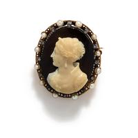 FRENCH, AGATE, SEED PEARL AND DIAMOND CAMEO BROOCH
