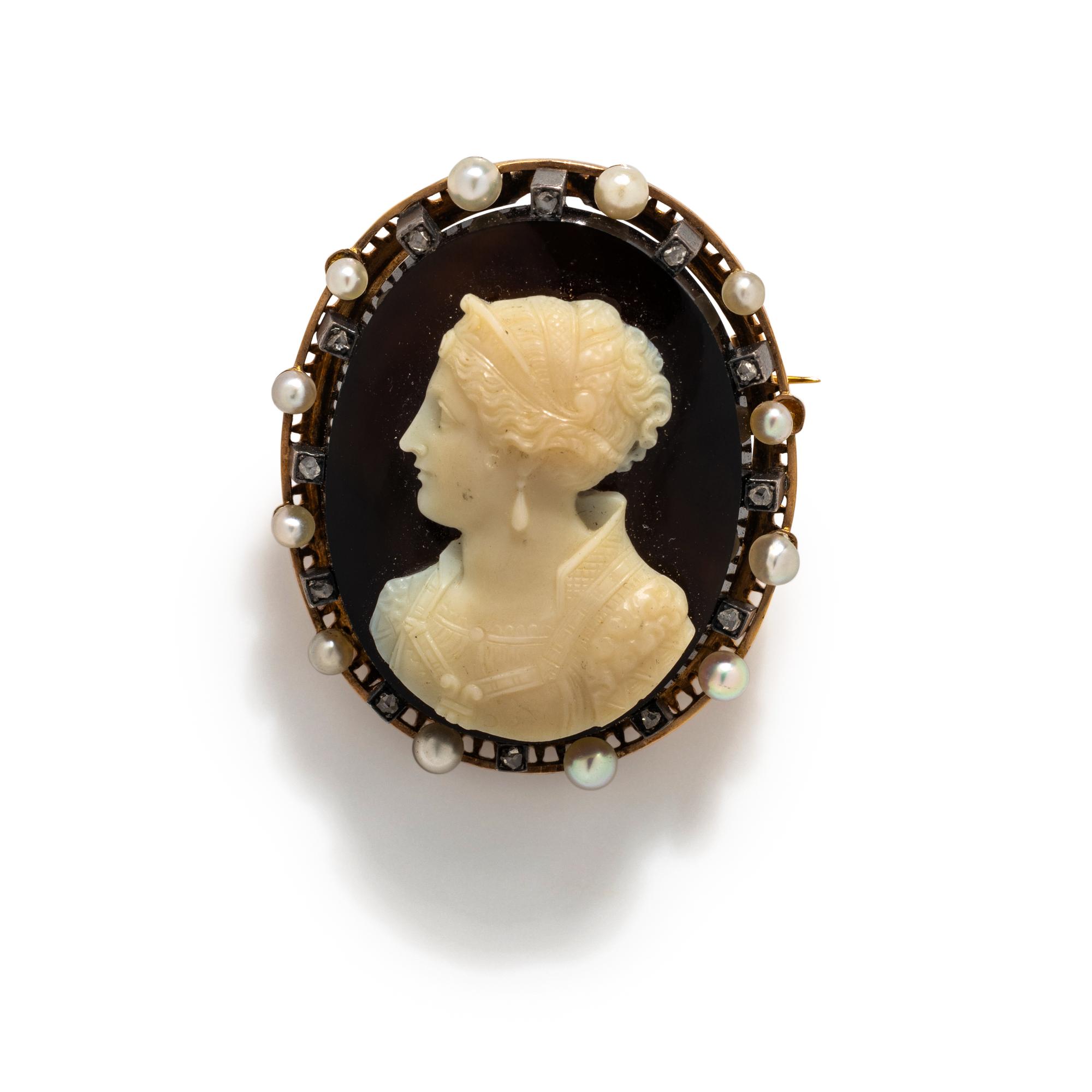 FRENCH, AGATE, SEED PEARL AND DIAMOND CAMEO BROOCH