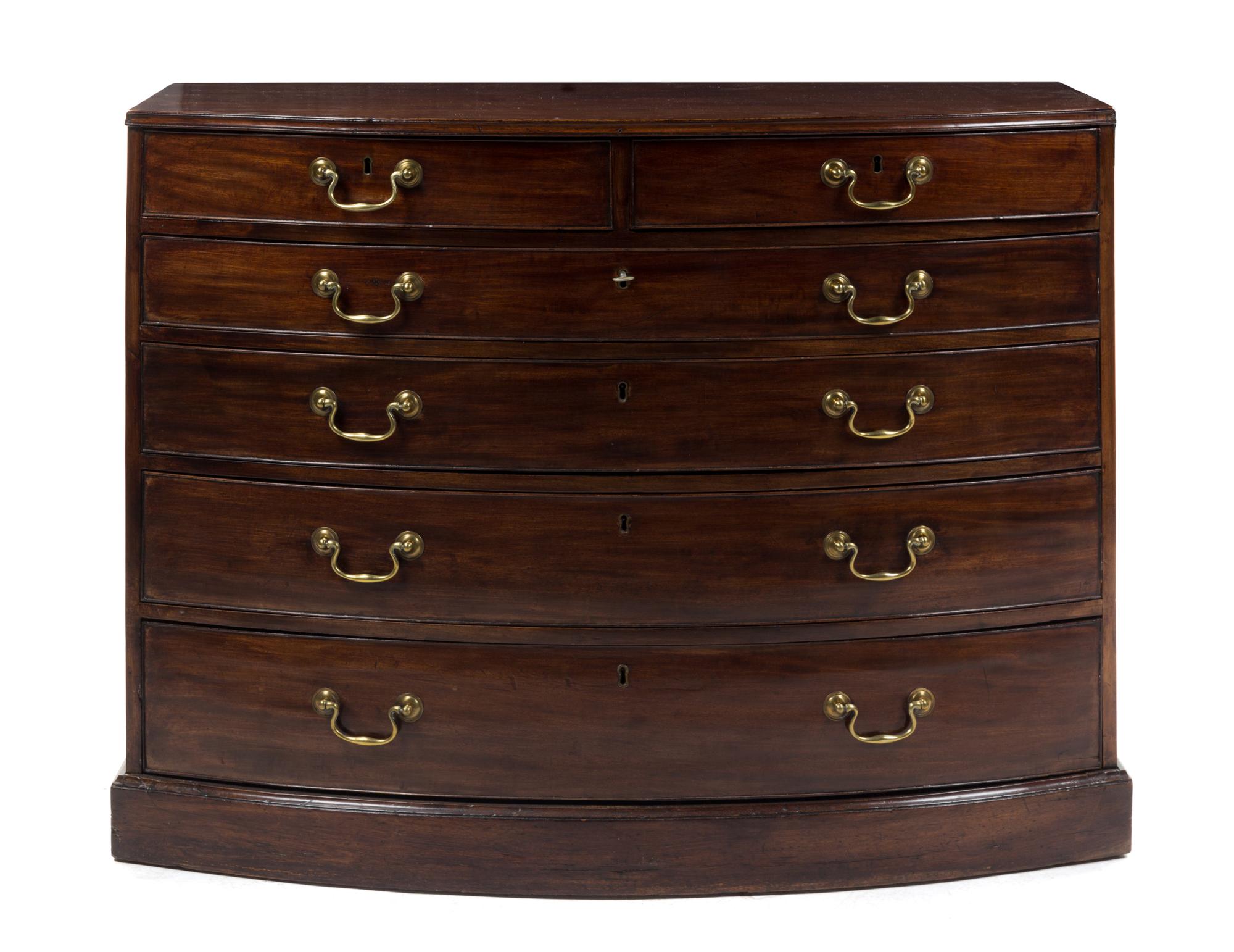 A George III Mahogany Bowfront Chest of Drawers Height 34 x width 45 x depth 19 inches.