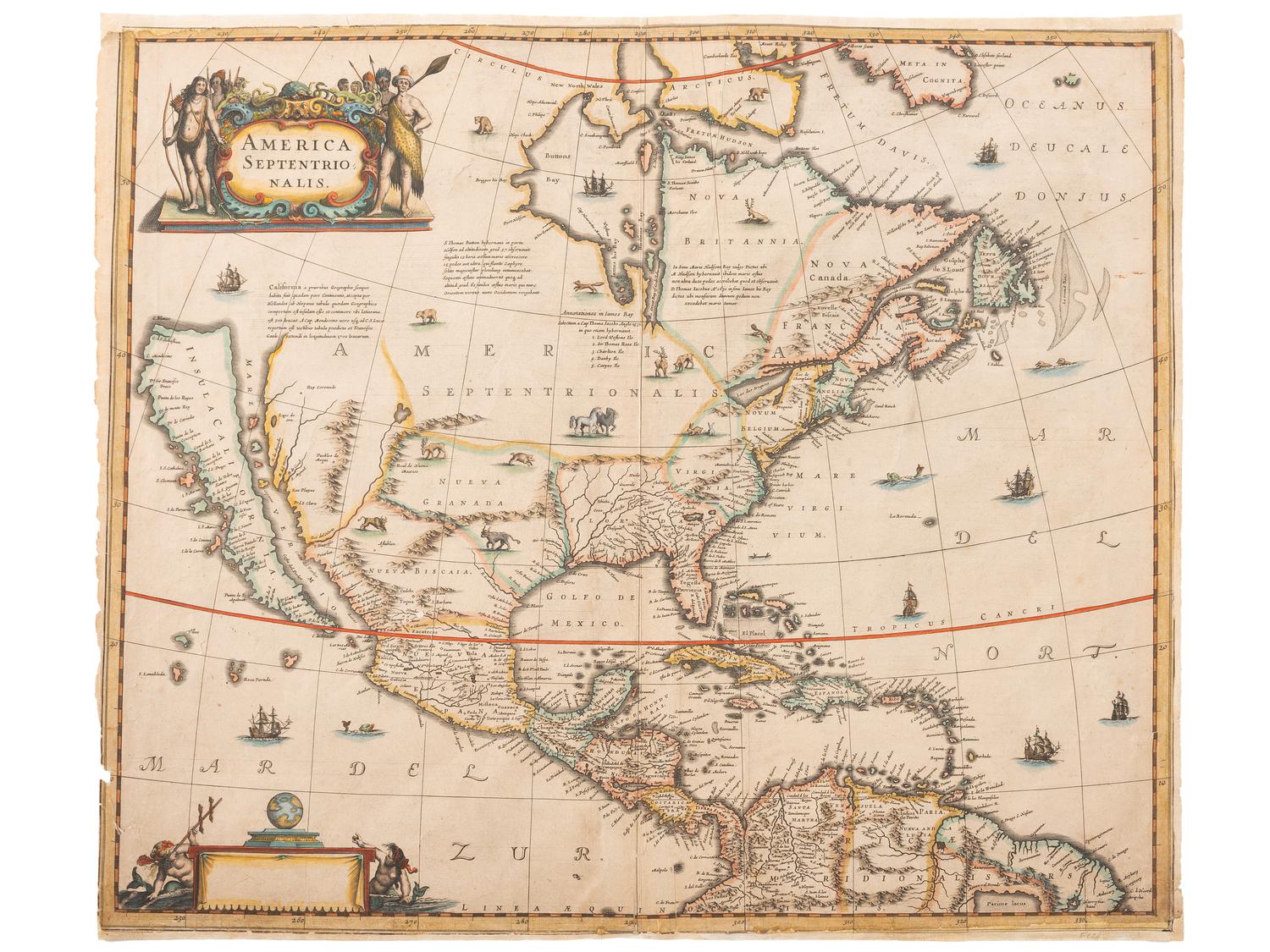 [MAPS & ATLASES]. HONDIUS, Henricus (1597-1651). America Septentrionalis. [Amsterdam: Jan Jansson, 1639]. FIRST STATE of Hondiu's map showing California as an island.
