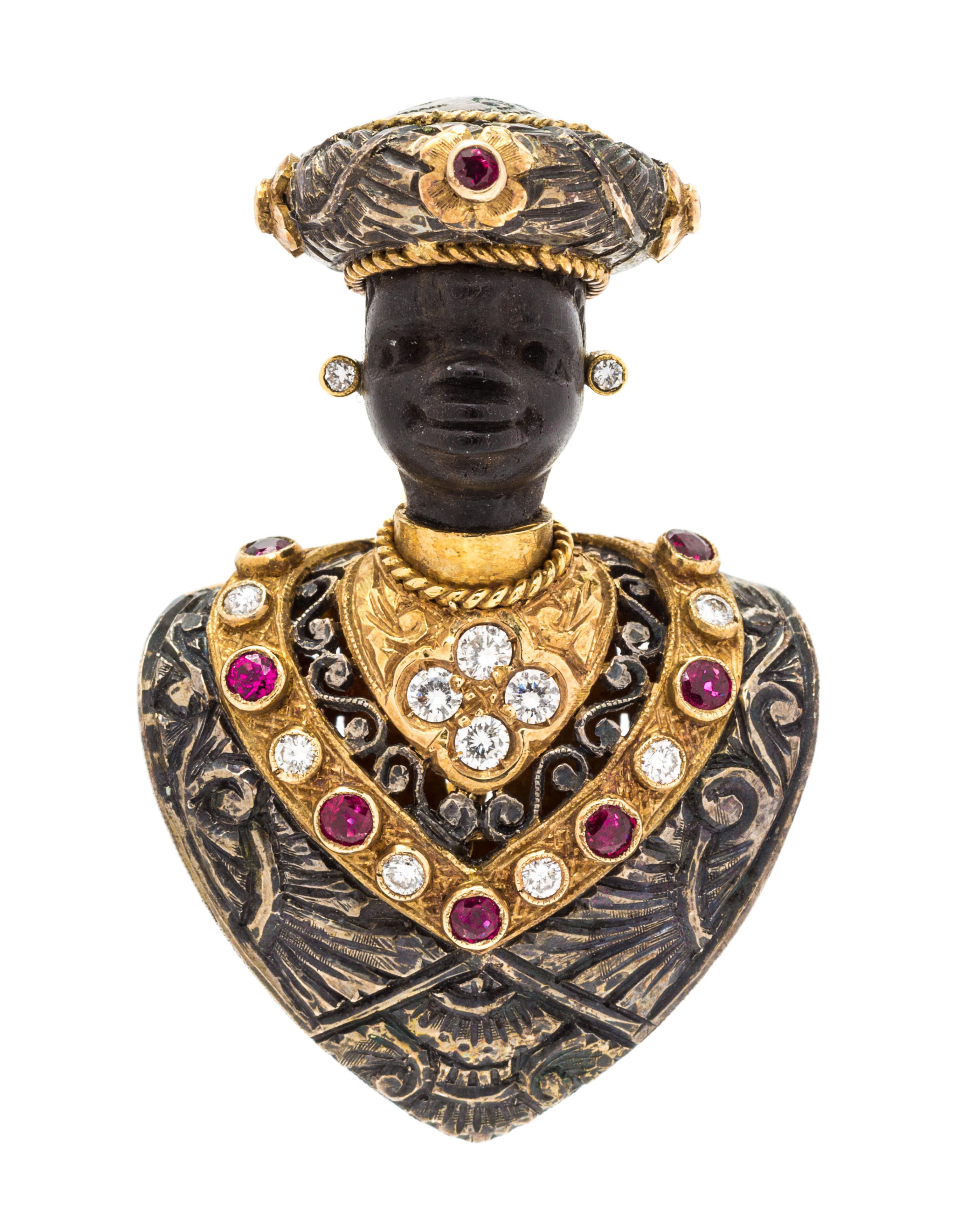 An 18 Karat Yellow Gold, Silver, Diamond and Ruby Blackamoor Brooch, Missiaglia, 15.35 dwts.