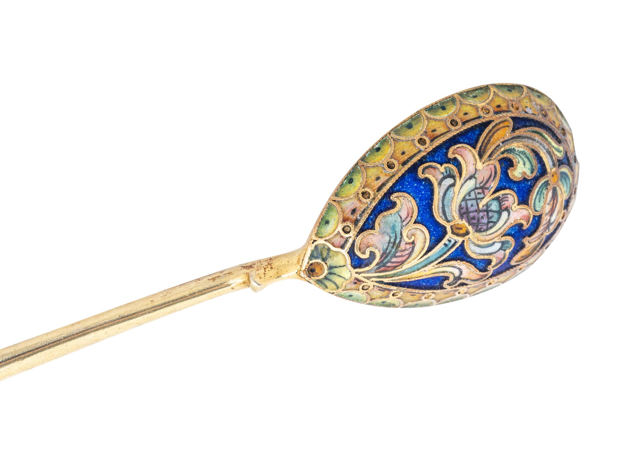 Six Russian Enameled Silver Spoons