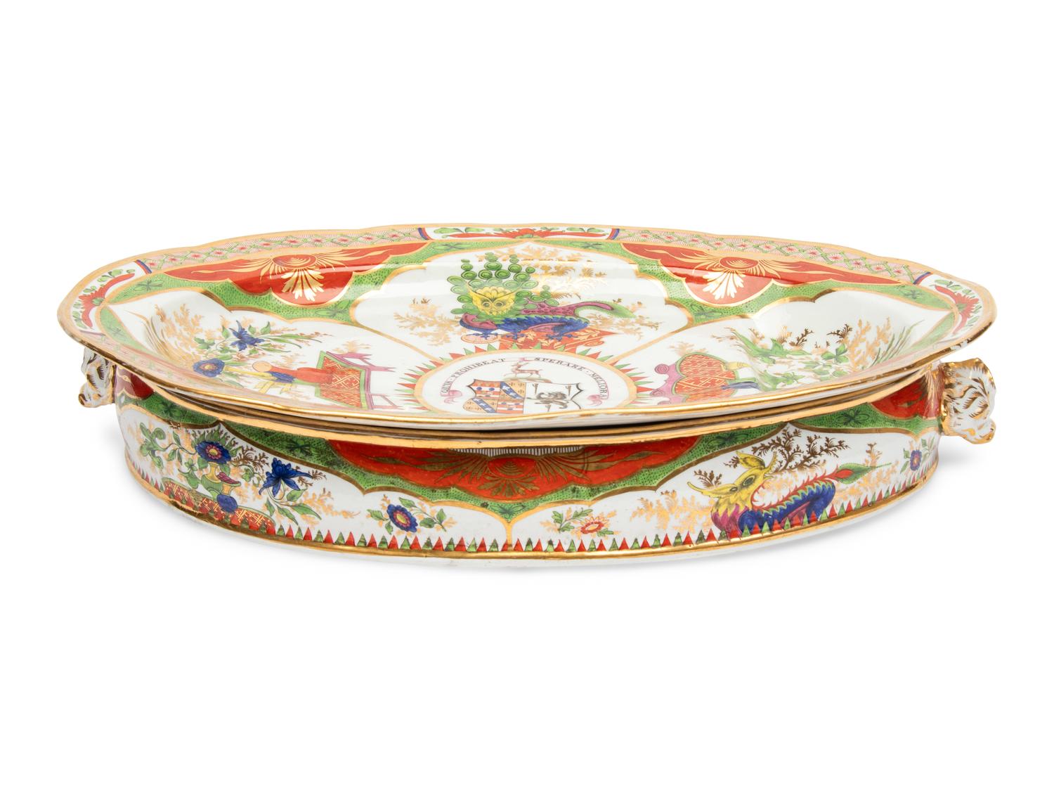 A Chamberlain Worcester Dragons in Compartments Porcelain Well-and-Tree Meat Platter and Chafing Dish