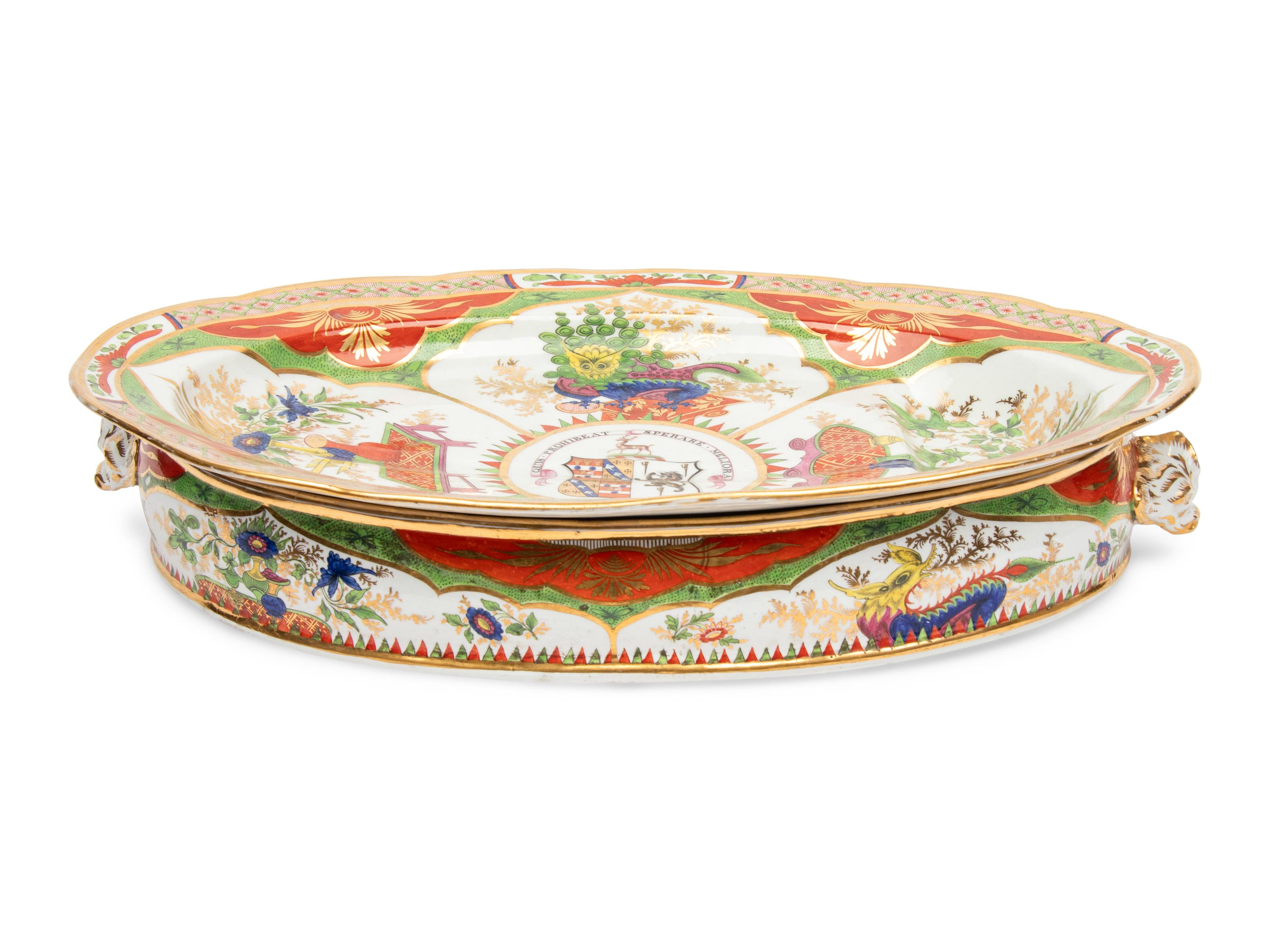 A Chamberlain Worcester Dragons in Compartments Porcelain Well-and-Tree Meat Platter and Chafing Dish