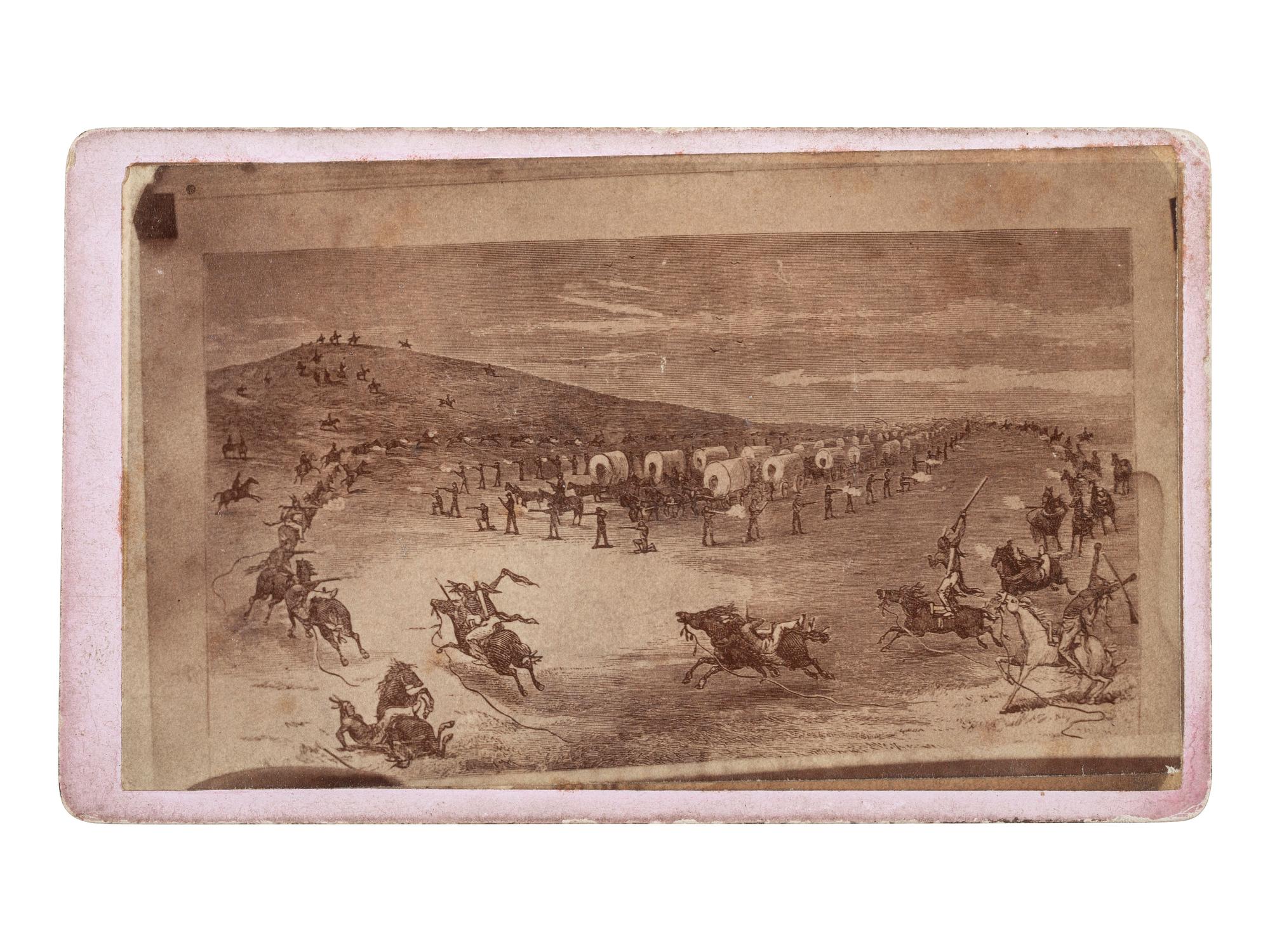 [NATIVE AMERICANS]. Copy CDV featuring an illustration of a documented Indian attack in Kansas. Ca 1868-69.