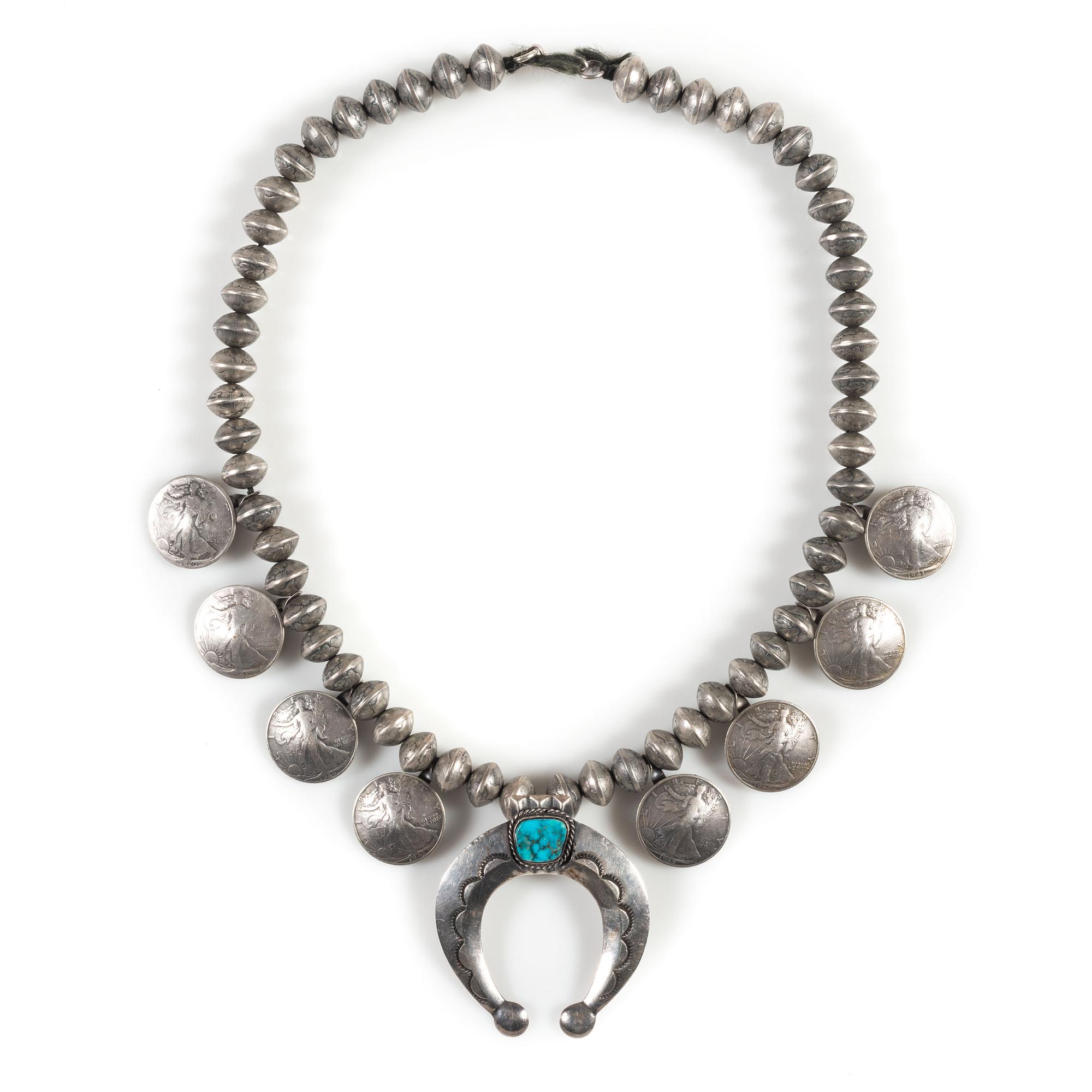 Navajo Mercury Dime and Liberty Silver Dollar Squash Blossom Necklace