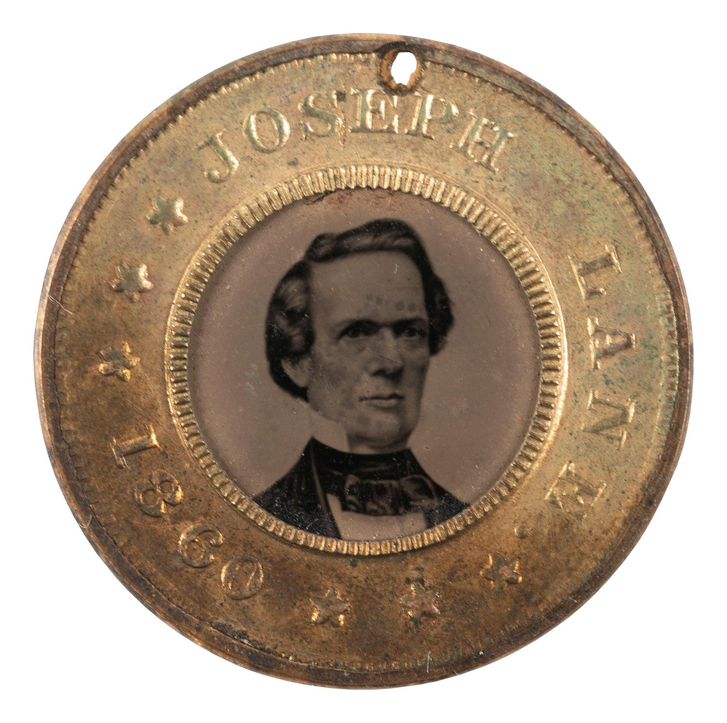 [POLITICS]. John C. Breckinridge and Joseph Lane back-to-back campaign ferrotype badge. 1860.