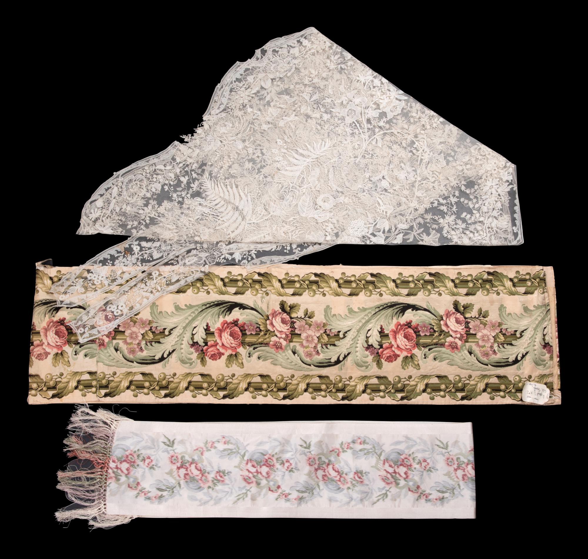 Three 19th/Early 20th Century Textiles: One Brocade Panel, One Ikat Ribbon, One Lace Sample