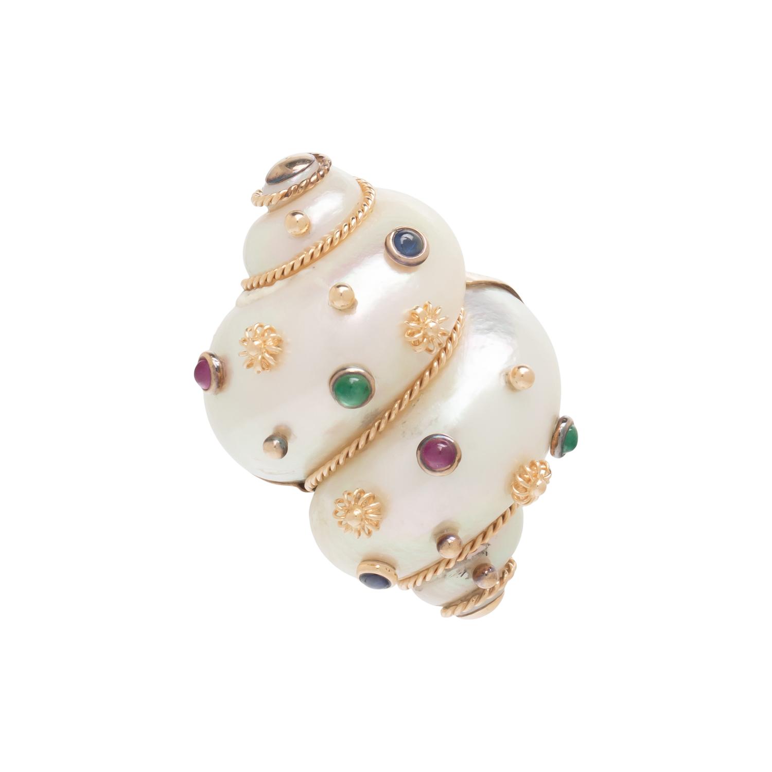 MAZ, YELLOW GOLD, TURBO SHELL, AND MULTIGEM BROOCH