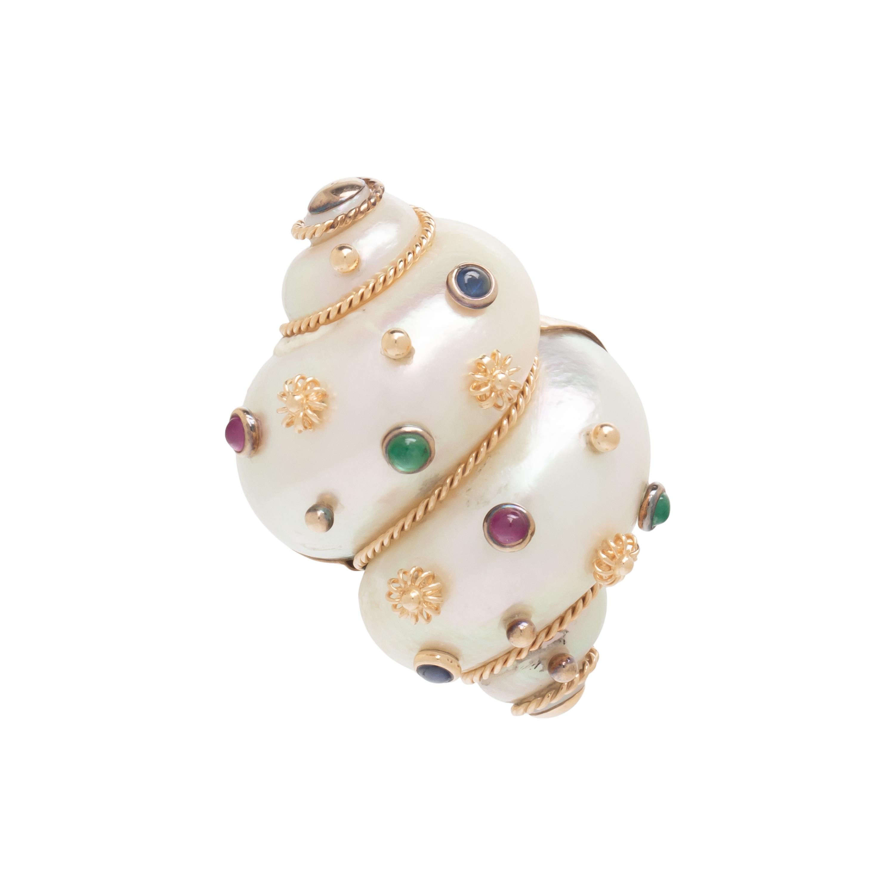MAZ, YELLOW GOLD, TURBO SHELL, AND MULTIGEM BROOCH