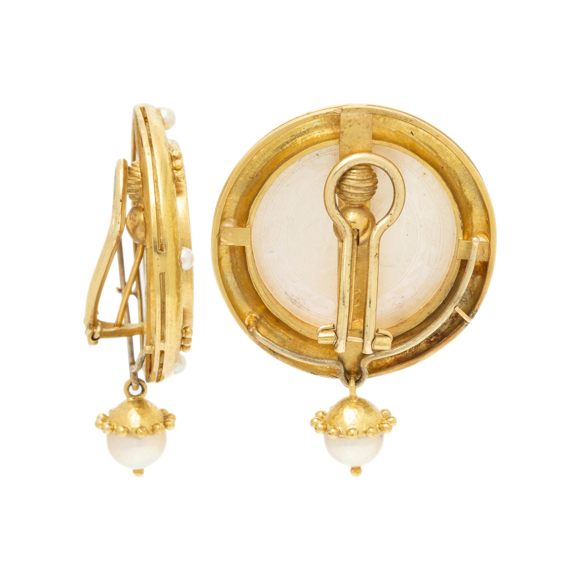 ELIZABETH LOCKE, MOTHER-OF-PEARL, CULTURED PEARL, AND YELLOW GOLD EARRINGS