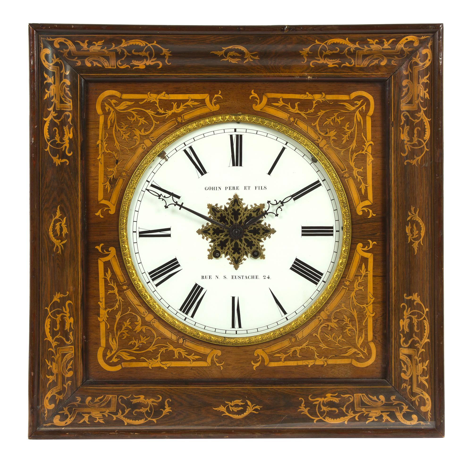 A French Marquetry Decorated Wall Clock, Gohin Pere et Fils, Height 23 1/8 x width 23 1/8 inches.