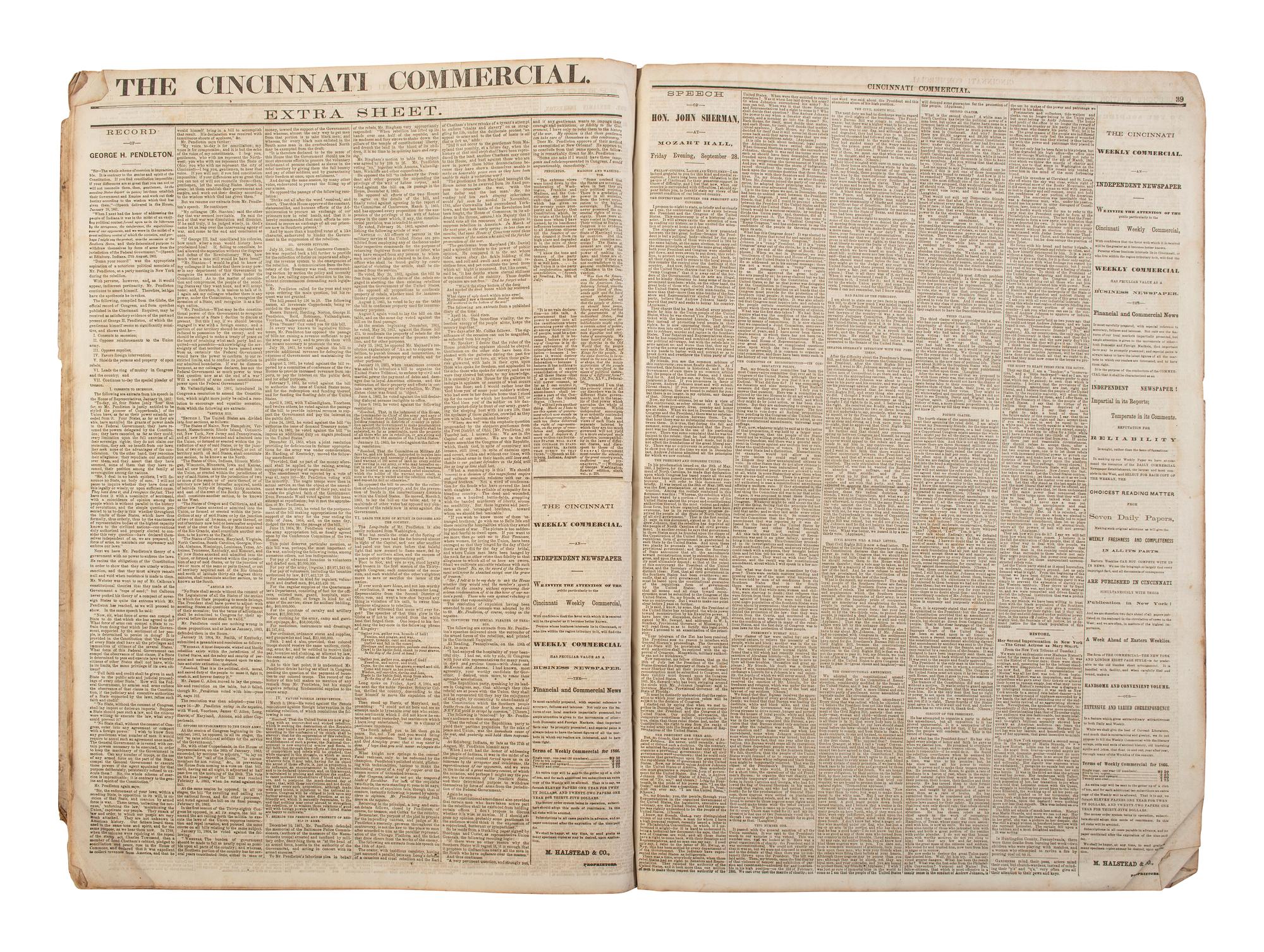 [POLITICS - RECONSTRUCTION]. The Cincinnati Commercial. Speeches of the Campaign of 1866 in the States of Ohio, Indiana, and Kentucky . Cincinnati, OH, 1866.