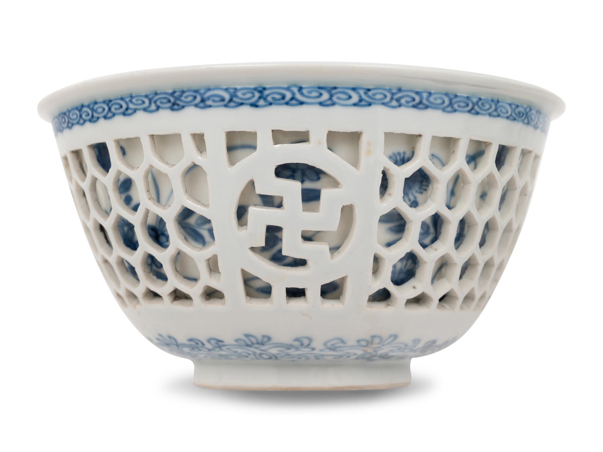 A Pair of Chinese Blue and White Porcelain Double Walled Reticulated Bowls
