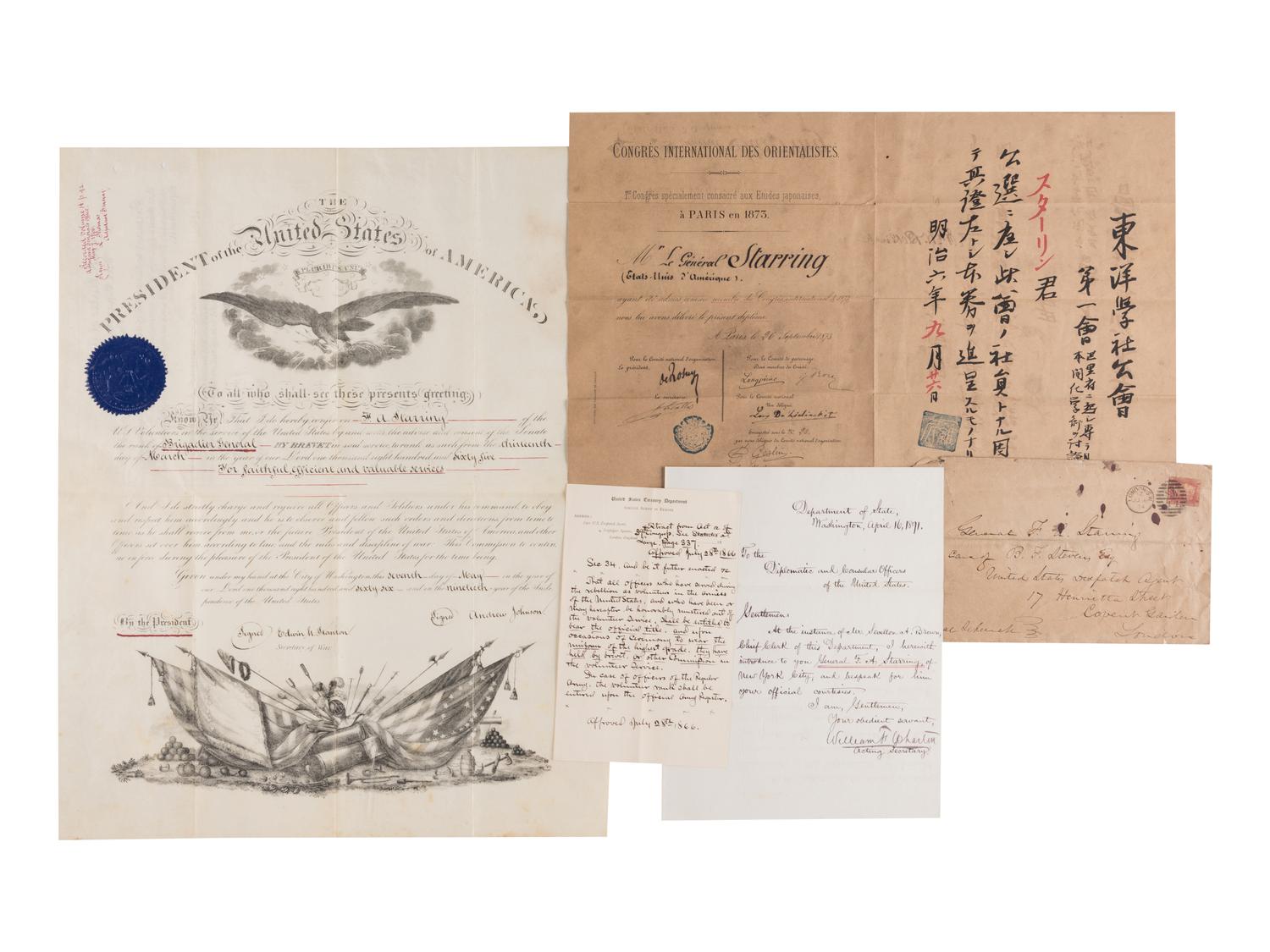 STARRING, Frederick Augustus (1834-1904). Archive of letters, documents, artifacts, and photographs by and related to the American civil engineer, lawyer and soldier. Several dozen items.